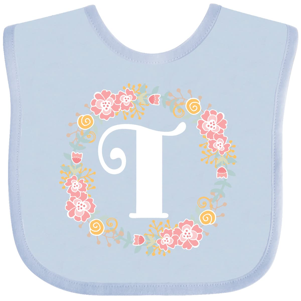 Inktastic Monogram Letter T Rose Floral Wreath Baby Bib - Soft Cotton Drool Bib for Newborns & Infants, Perfect for Feeding, Teething & Photo Shoots