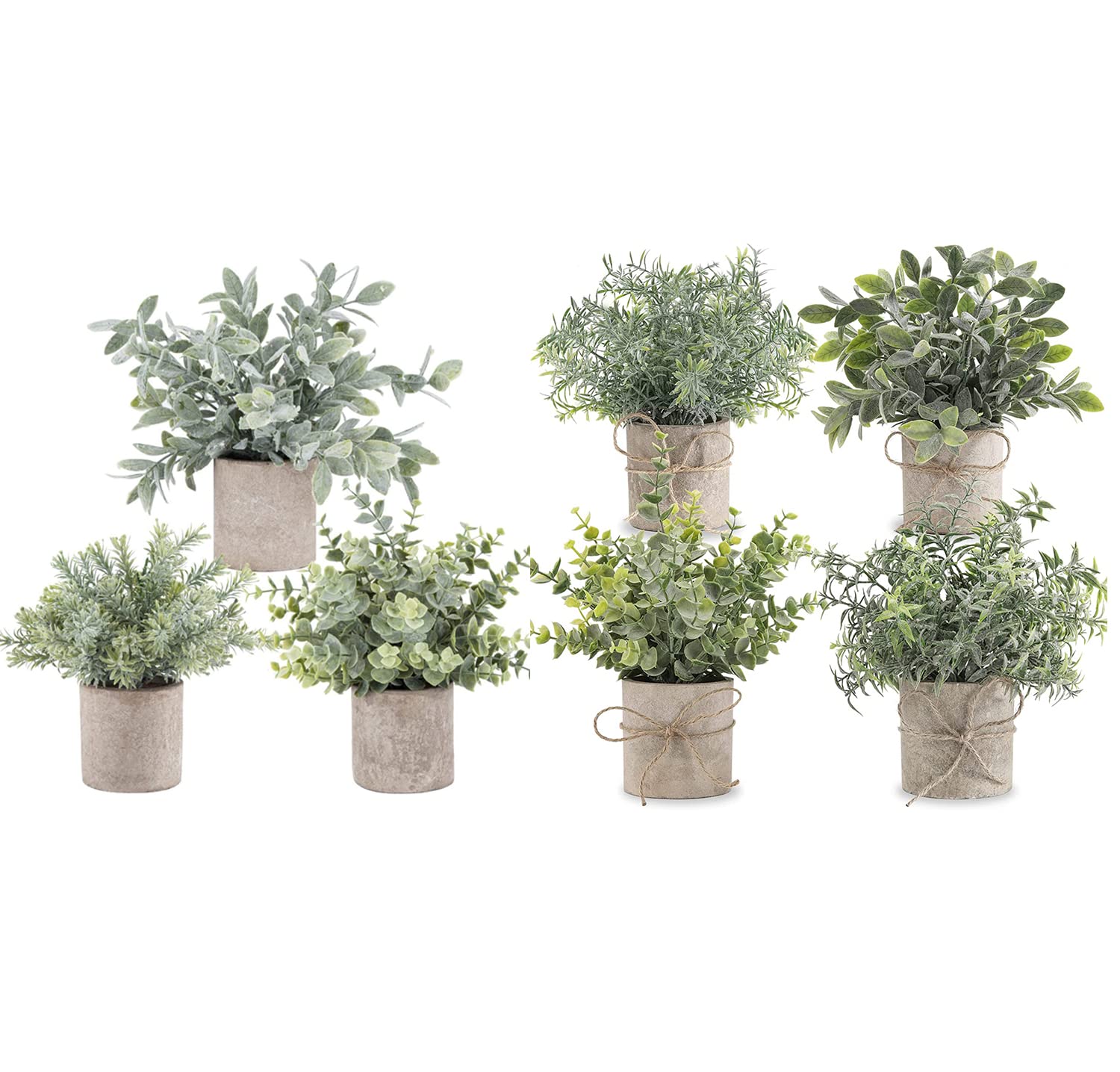 3 Pack Mini Potted Fake Plants & 4 Pack Artificial Small Eucalyptus - Realistic Desk Decor for Home, Office, Farmhouse - Perfect for Shelves, Coffee Tables and Wedding Centerpieces