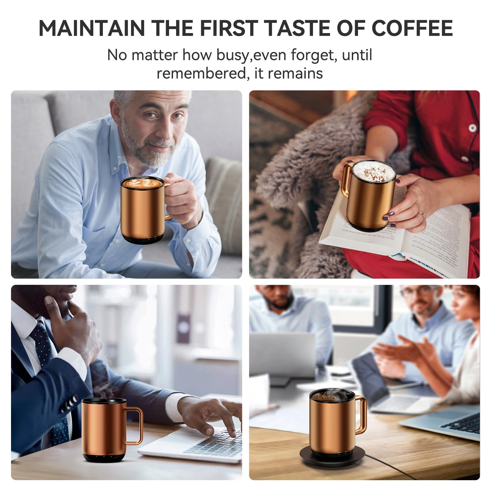 VSITOO Smart Self-Heating Coffee Mug with Temperature Control - 3 Heat Settings, App & Manual Control, 180 Min Battery Life, Fast Wireless Charging (140℉, Copper, 14oz) - Perfect for Office, Travel & Home Use