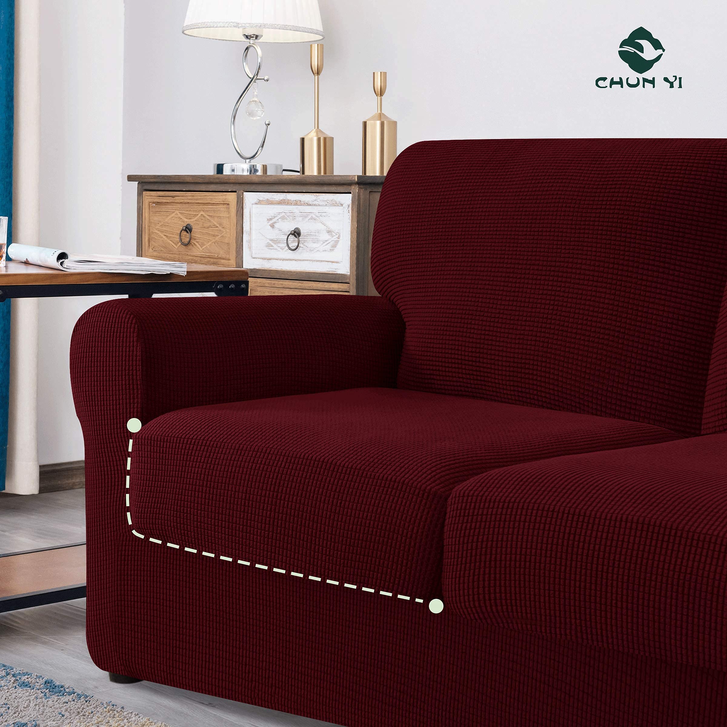CHUN YI Loveseat Sofa Cover Set - Stretchable Jacquard Fabric Slipcover with Detachable Backrest & Cushion Covers - Checkered Design (Wine Red) for Living Room, Bedroom, or Office Furniture Protection