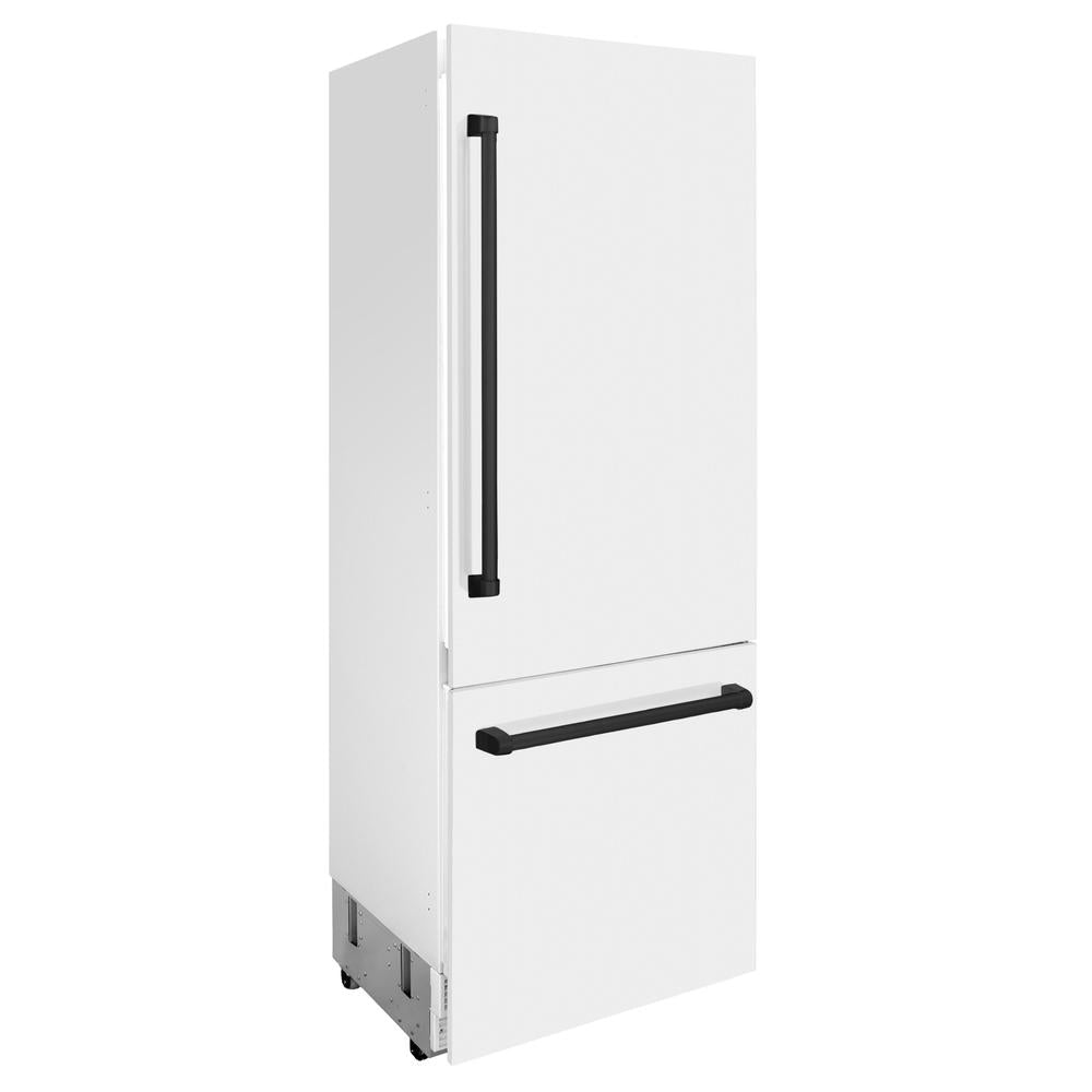 ZLINE Autograph Edition 30 Inch Built-In Bottom Freezer Refrigerator - 16.1 cu ft Capacity, Water Dispenser & Ice Maker - White Matte Finish with Matte Black Accents (RBIVZ WM 30 MB) - Perfect for Modern Kitchens & Open Concept Homes