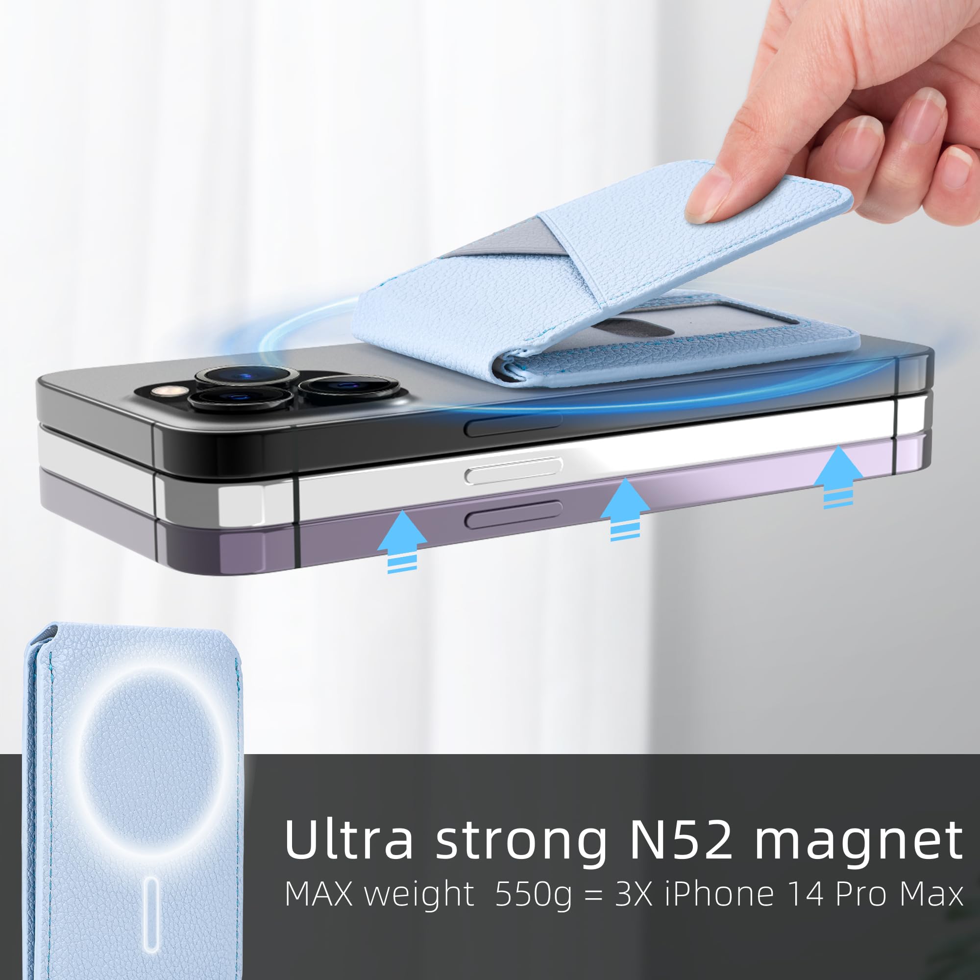 Arae Magnetic Phone Wallet for iPhone 16/15/14/13/12 Series - MagSafe Compatible, RFID Blocking, PU Leather with 4 Card Holder & Adjustable Stand (Blue) - Perfect for Daily Commute, Shopping & Travel