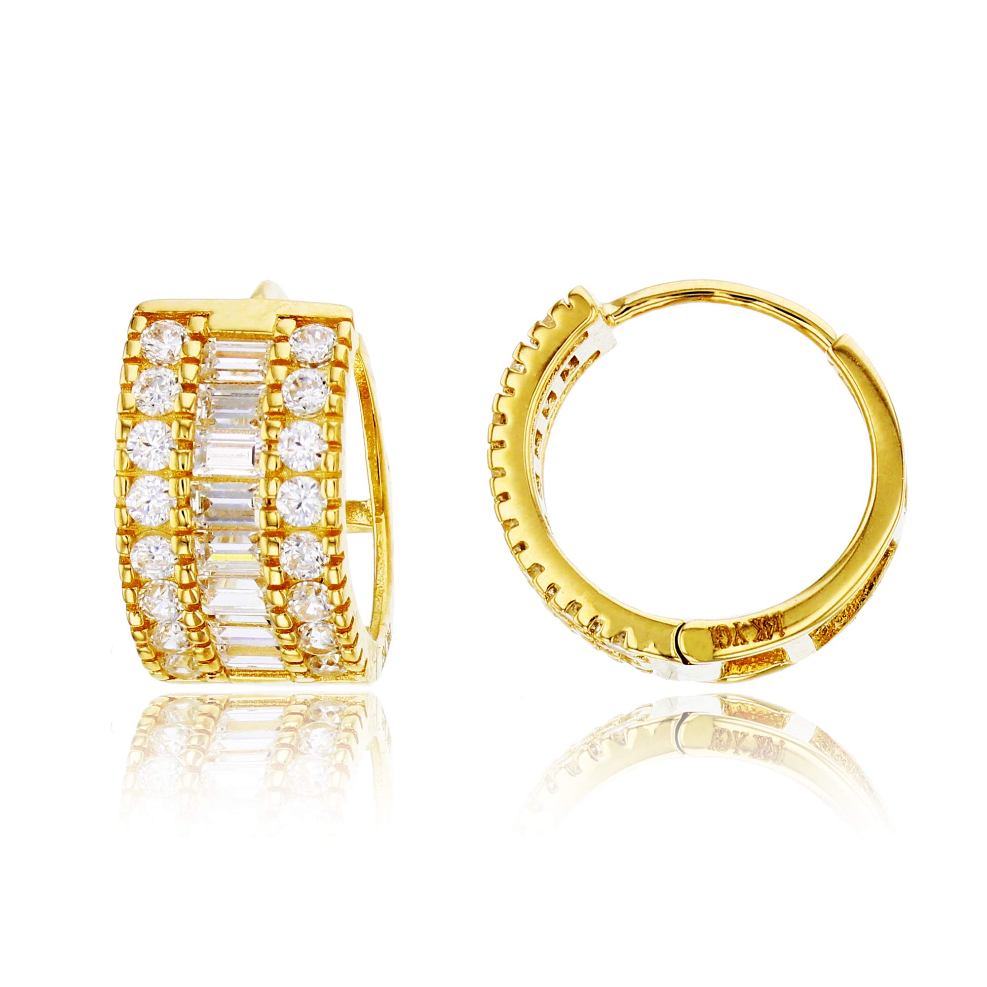 14K Yellow Gold Round & Straight Baguette Cubic Zirconia Huggie Earrings (14X8mm) – Elegant Everyday Jewelry for Women, Perfect for Work, Parties & Special Occasions