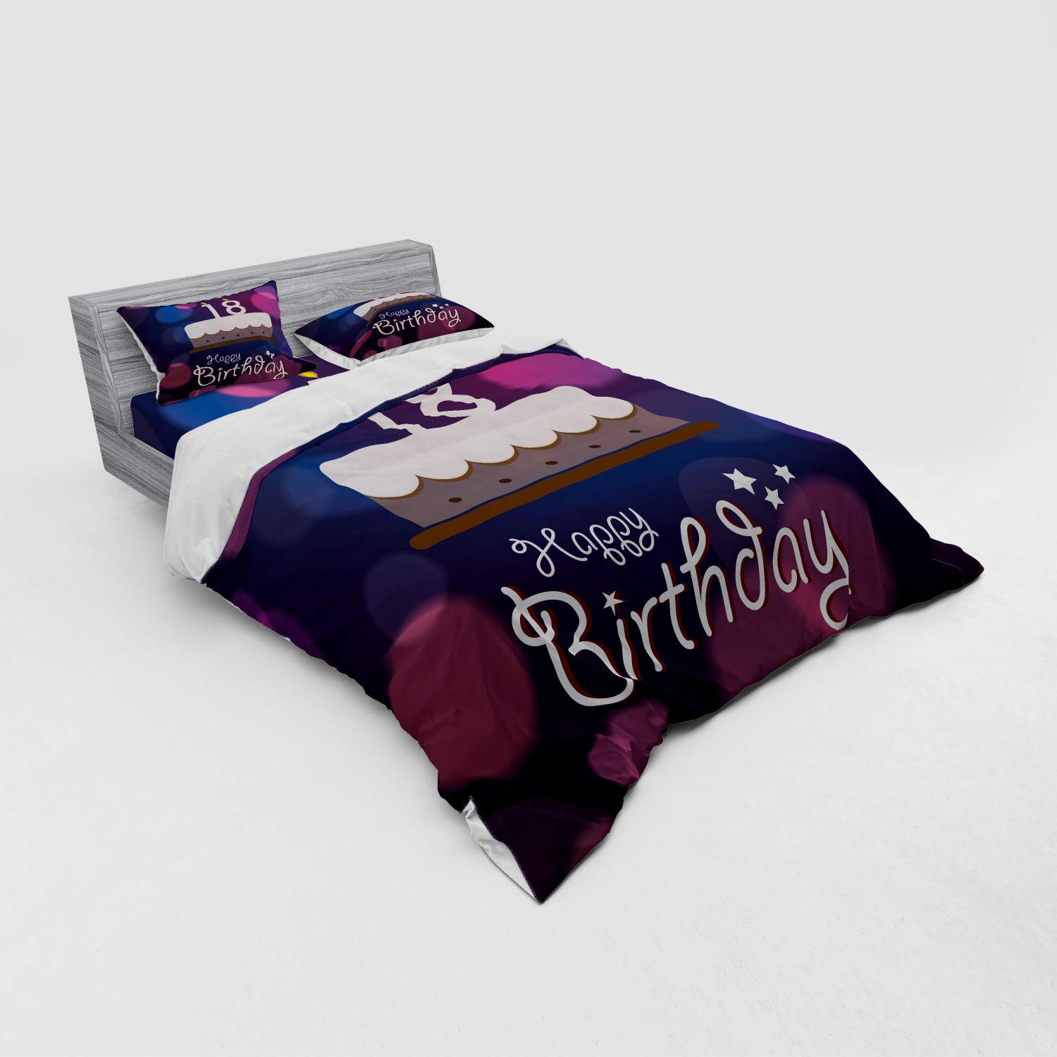 Ambesonne 18th Birthday Duvet Cover Set - Vibrant Cartoon Birthday Cake with Candles Design, 4-Piece Queen Size Bedding Set with Shams & Fitted Sheet in Purple & Lilac - Perfect for Teen Bedrooms, Dorm Decor & Birthday Party Themes