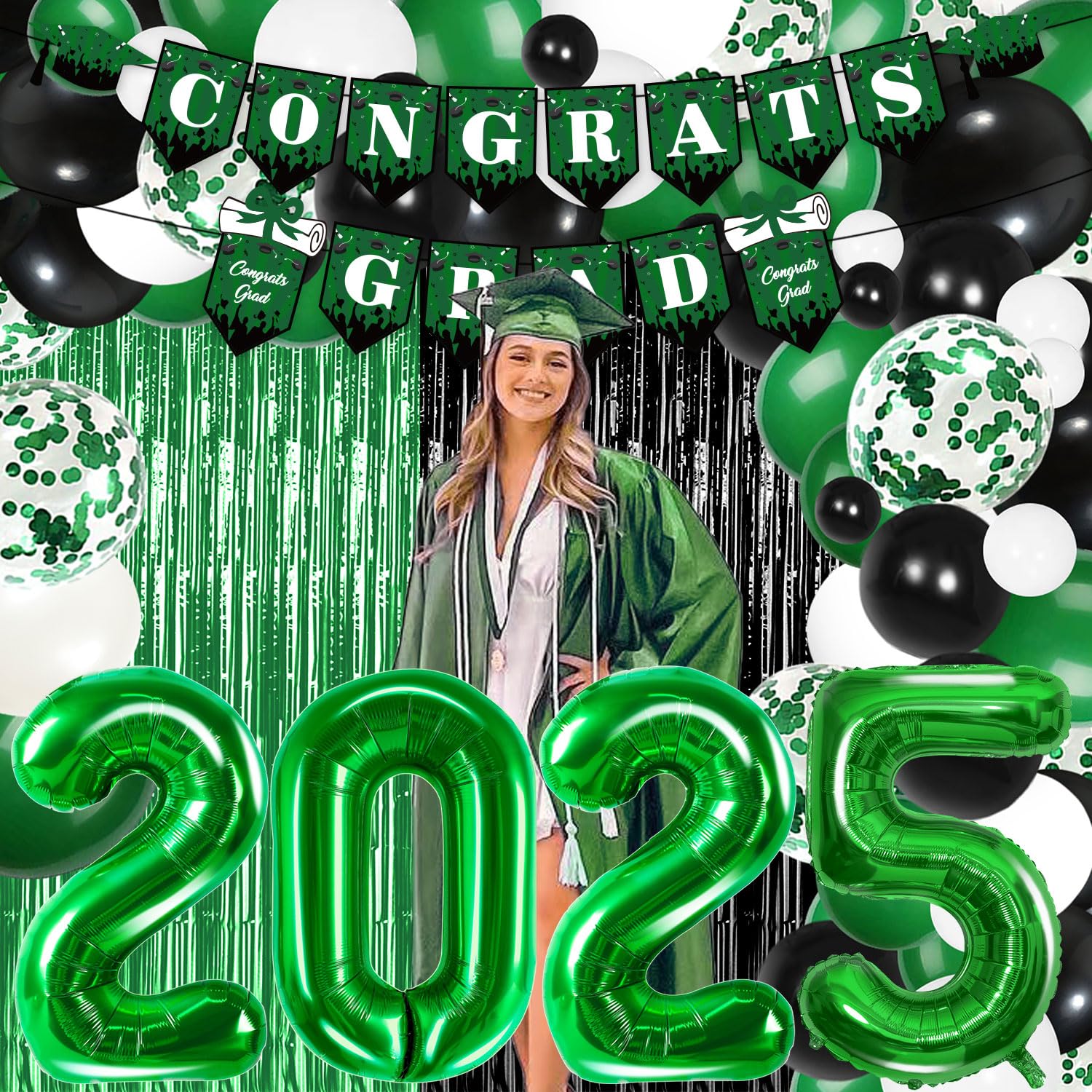 2025 Graduation Party Decorations Kit - Green Balloon Garland Arch, Mylar Foil Fringe Curtain for Class of 2025 High School & College Graduation - Perfect for Graduation Ceremony Decor, Photo Backdrops & Celebration Parties