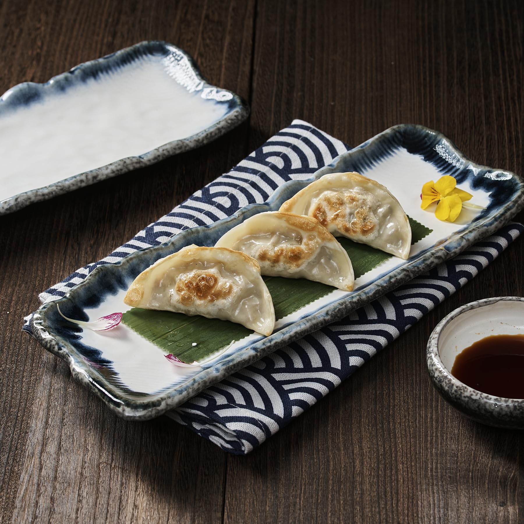 Premium Japanese Sushi Plates Set - 12.5 Inch Stoneware Rectangular Sashimi & Sushi Serving Dishes (Set of 4, Blue & White) - Perfect for Home Dining, Restaurants & Japanese-Themed Parties
