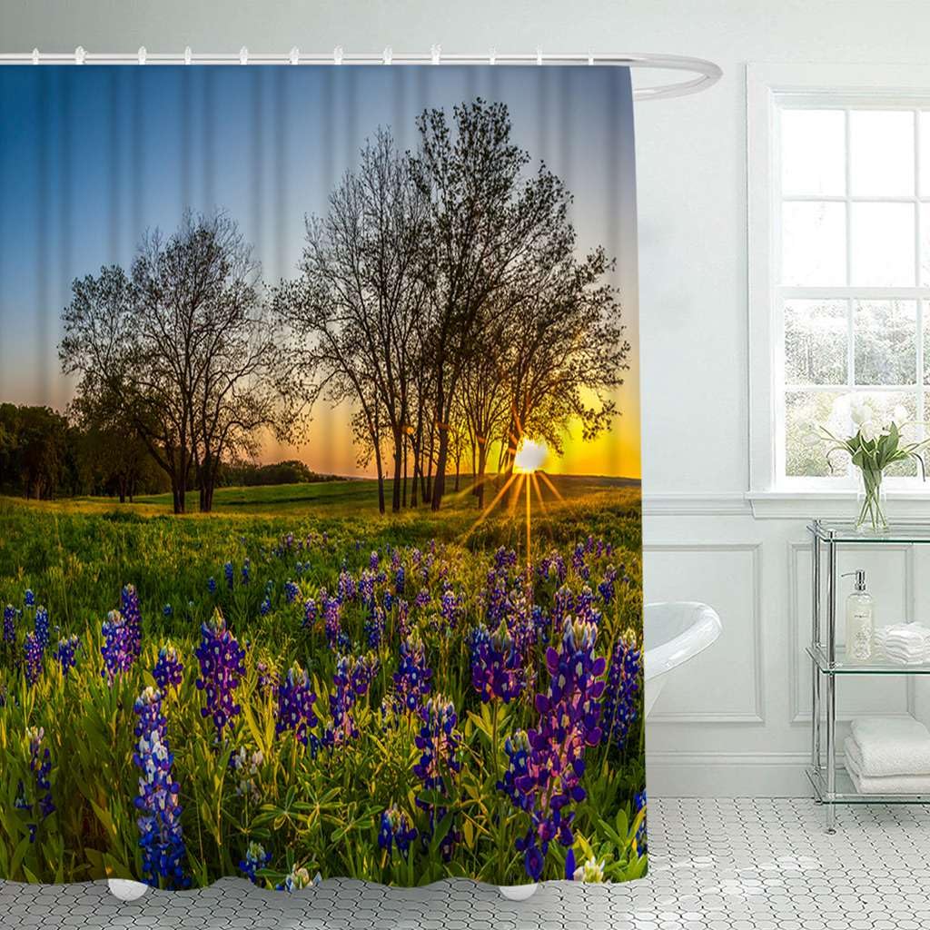 Texas Bluebonnet Field Sunset Shower Curtain Set - Waterproof Polyester Fabric Bathroom Decor with Hooks, 72