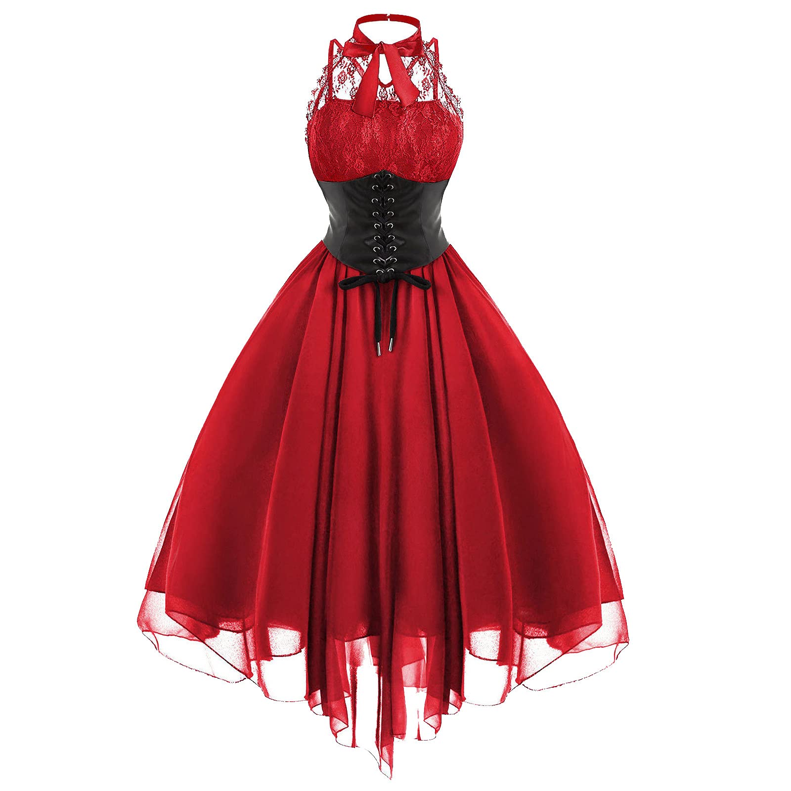 Gothic Women's Lace Halter Dress - Sexy Flowy A-Line Swing Tunic with Eyelet Lace-Up Detail | Perfect for Halloween, Cosplay, Gothic Parties & Nightclub Outfits