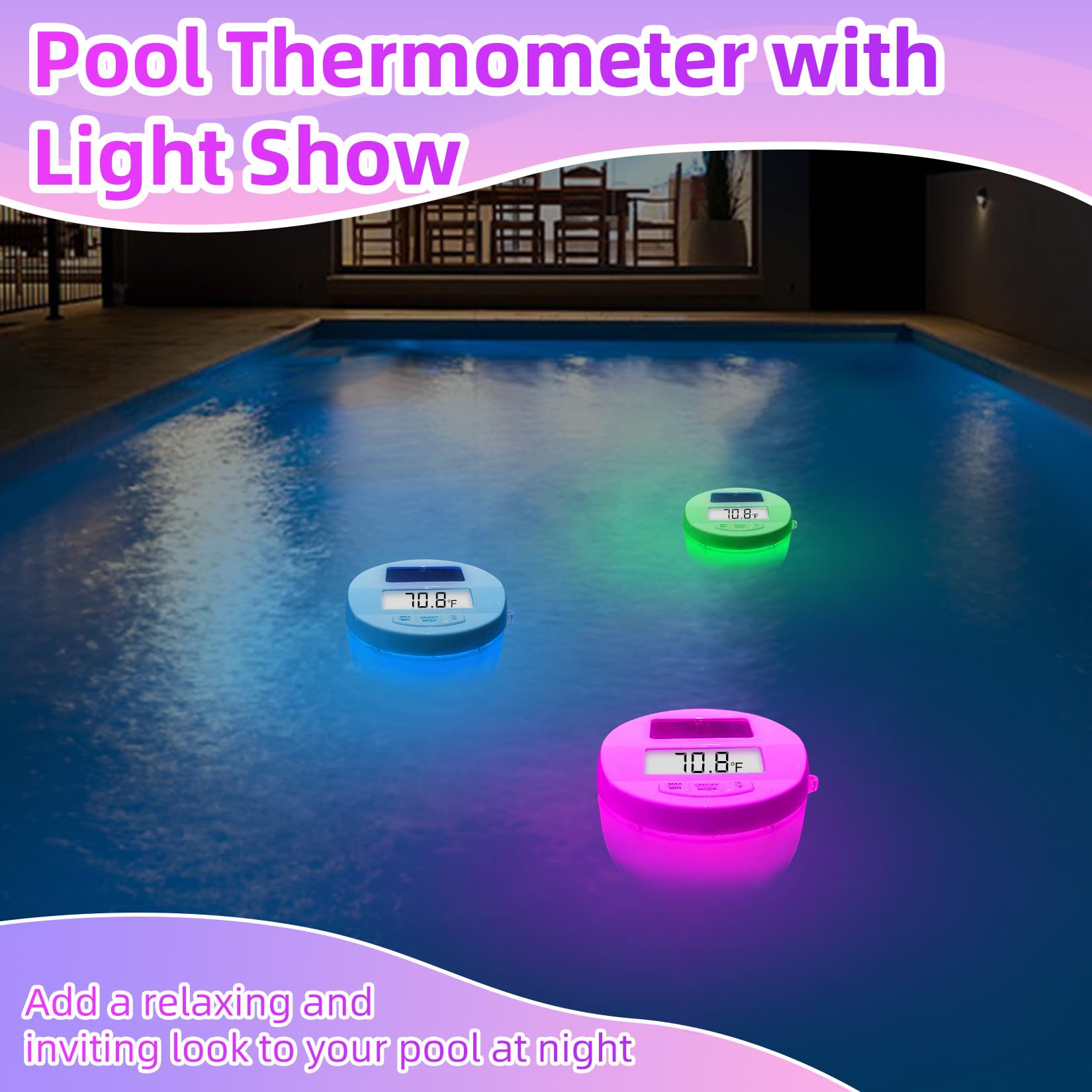Solar Pool Thermometer with RGB Lights - Large LCD Backlit Display, IP68 Waterproof Floating Digital Thermometer for Swimming Pools, Hot Tubs & Spas - Easy to Read Temperature Gauge for Nighttime Use and Water Temperature Monitoring
