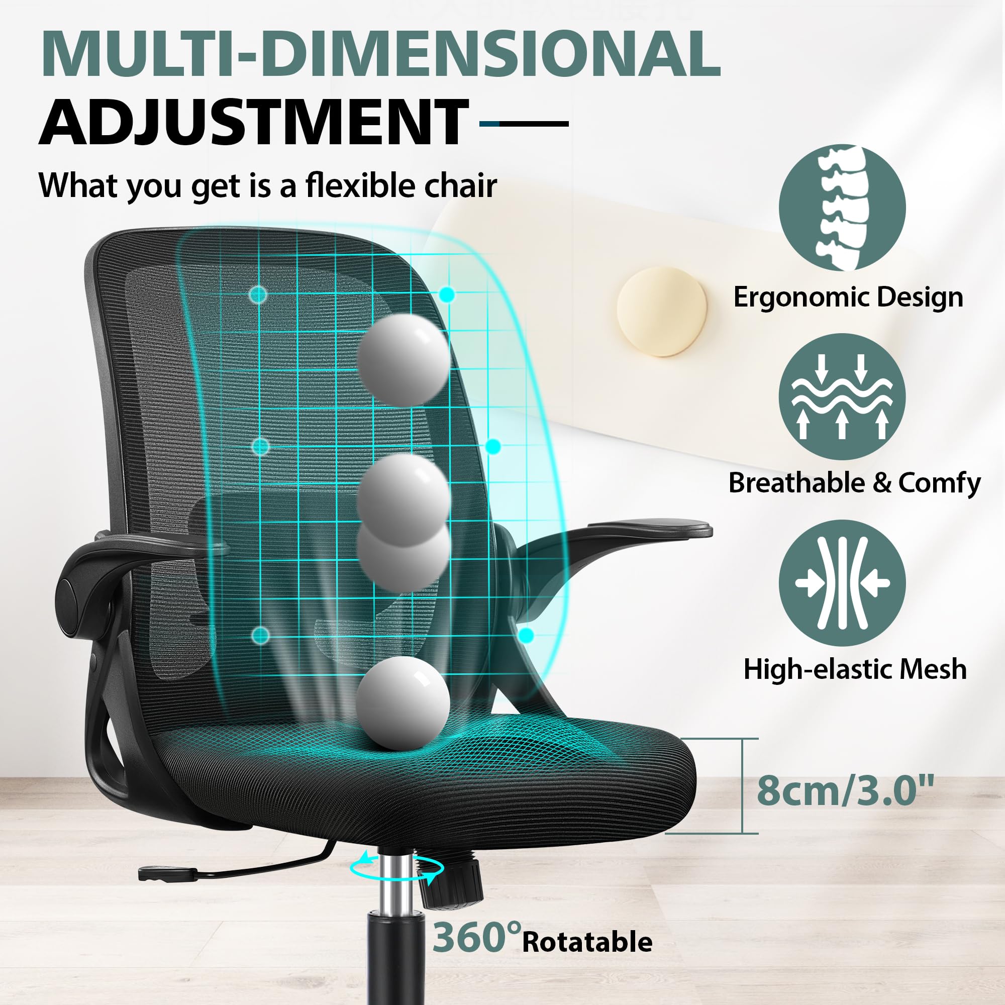 Ergonomic Office Chair with Lumbar Support & Flip-Up Arms - Breathable Mesh Computer Desk Chair, Adjustable Height Swivel Task Chair for Home Office, Bedroom, Study - Dark Gray | Perfect for Long Work Hours & Gaming Sessions