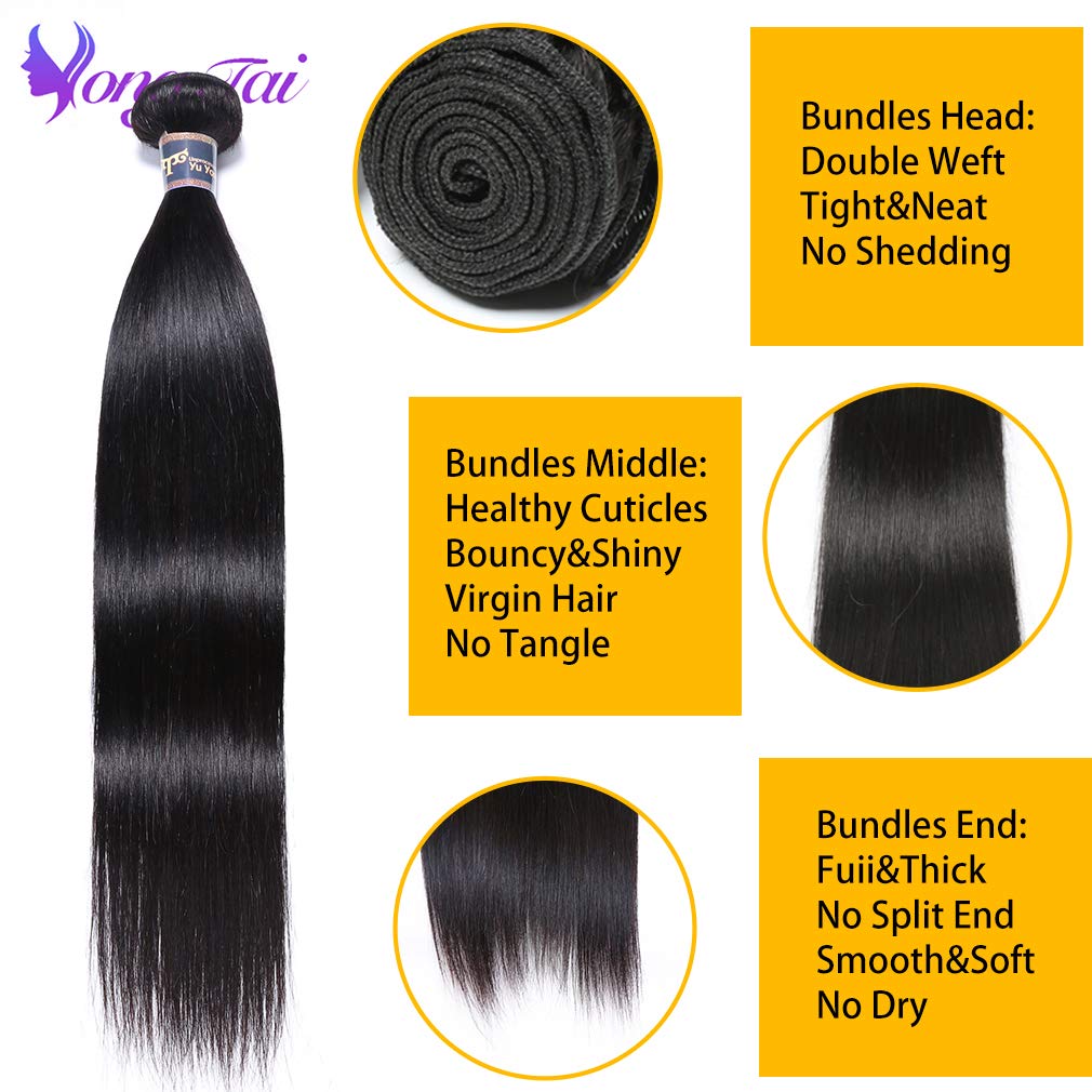 9A Virgin Straight Human Hair Bundles with 3 Part Lace Closure - Unprocessed Malaysian Hair Weave (24