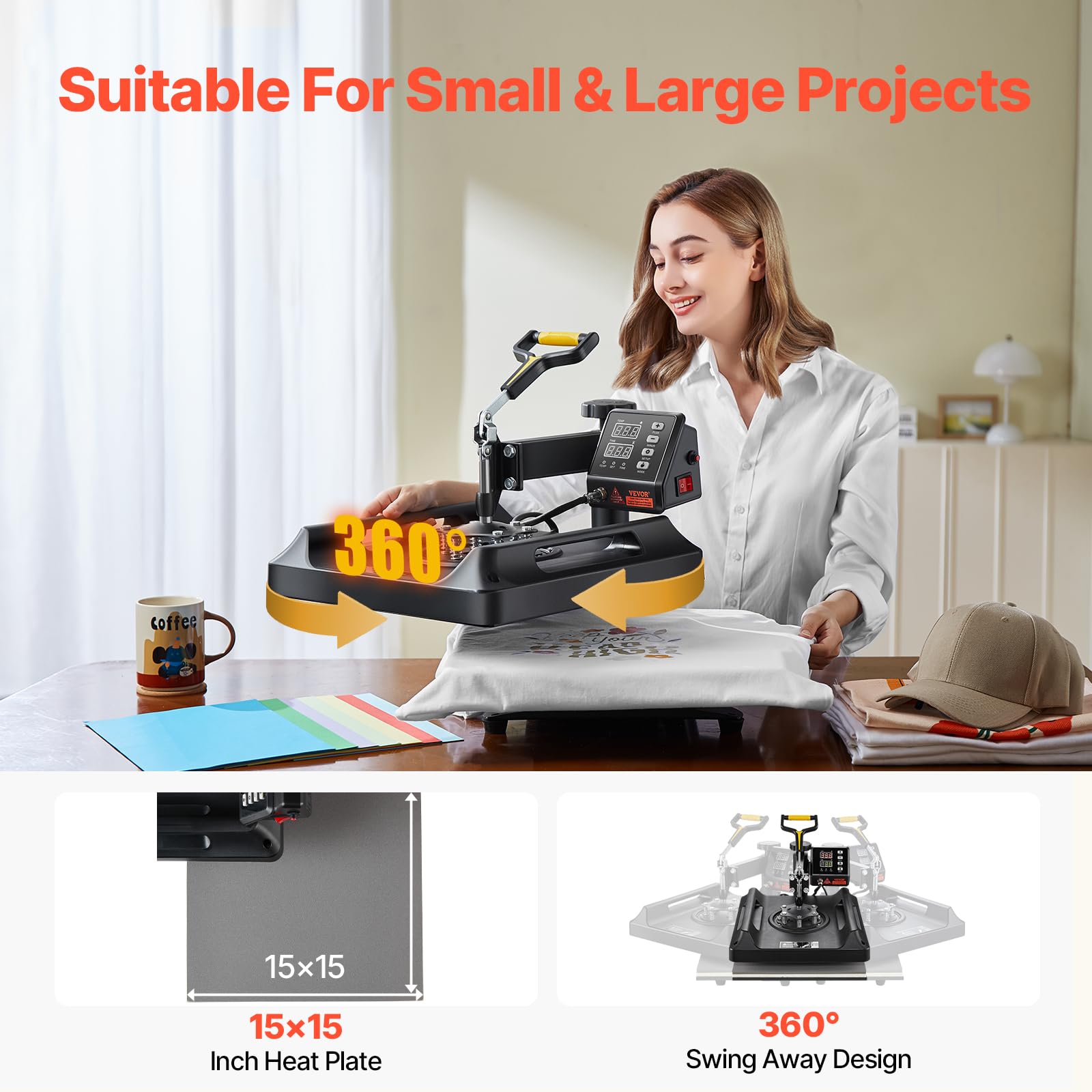 VEVOR 15x15 Inch 8-in-1 Digital Heat Press Machine with 360° Swing Away Design - Professional T-Shirt, Hat, Mug & Plate Sublimation Press for DIY Heat Transfer Projects | Perfect for Custom Apparel, Promotional Items & Small Business Printing