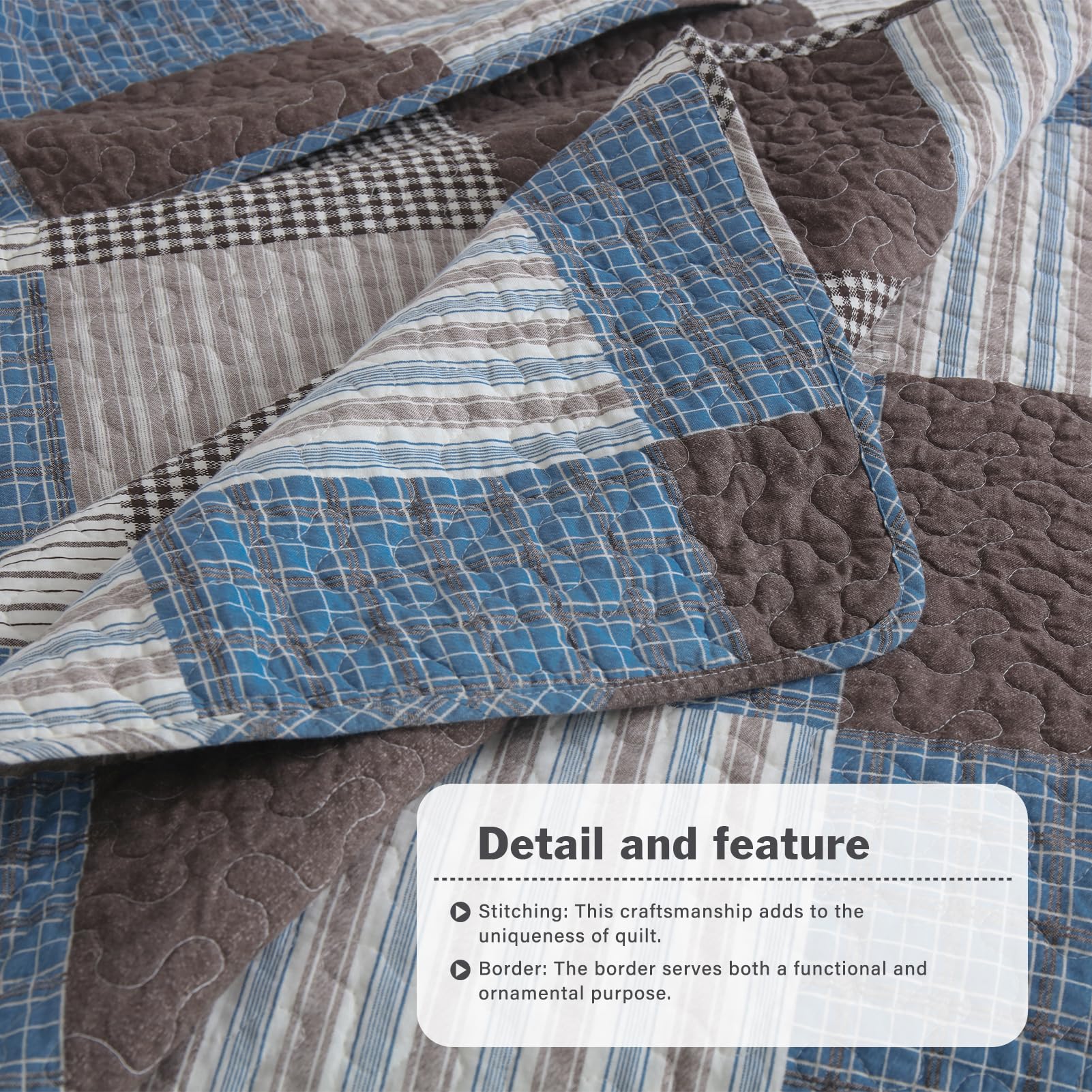 Y-PLWOMEN 100% Cotton Plaid Quilt Set Queen Size - Farmhouse Style Lightweight Breathable Bedspread with 2 Pillow Shams, Blue Brown (90x98 Inches) for Cozy Bedroom Decor & Guest Room Essentials