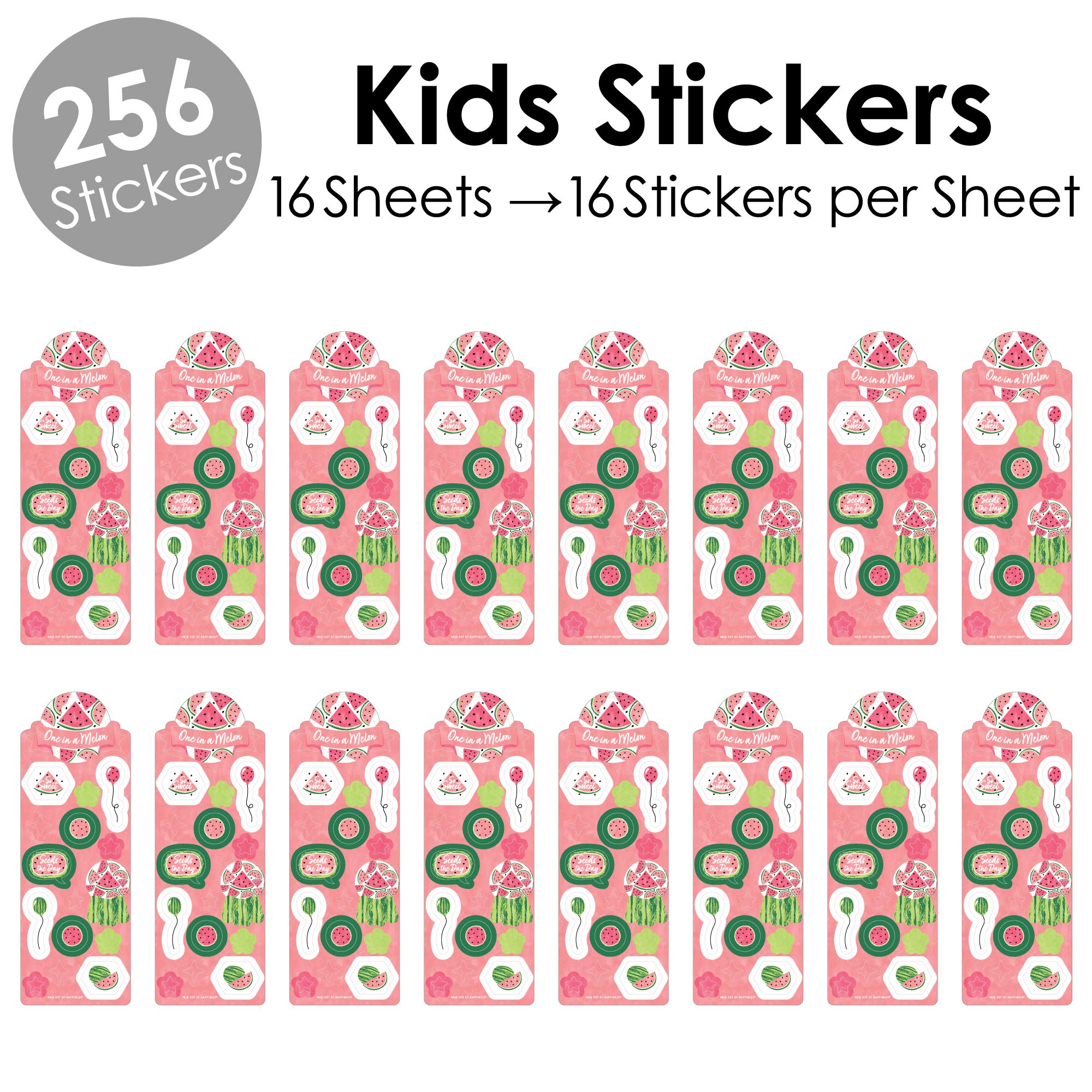 Sweet Watermelon Birthday Party Favor Stickers for Kids - 16 Sheets (256 Stickers) - Fun Summer Party Decorations, Classroom Rewards & Scrapbooking Supplies