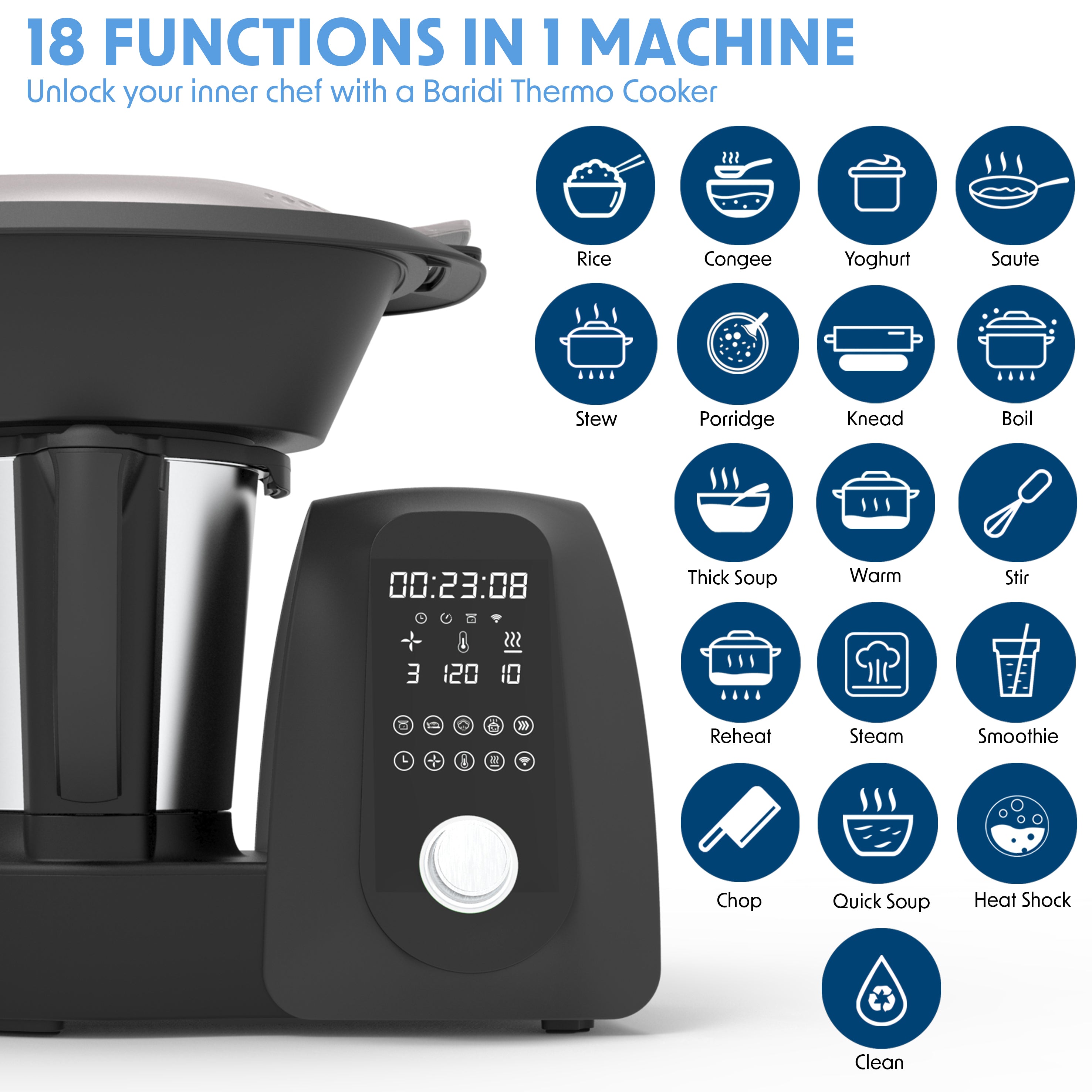 Baridi All-in-One Smart Thermo Cooker with 18 Preset Functions & App-Guided Recipes - Black (DH163) | Perfect for Meal Prep, Healthy Cooking & Busy Families