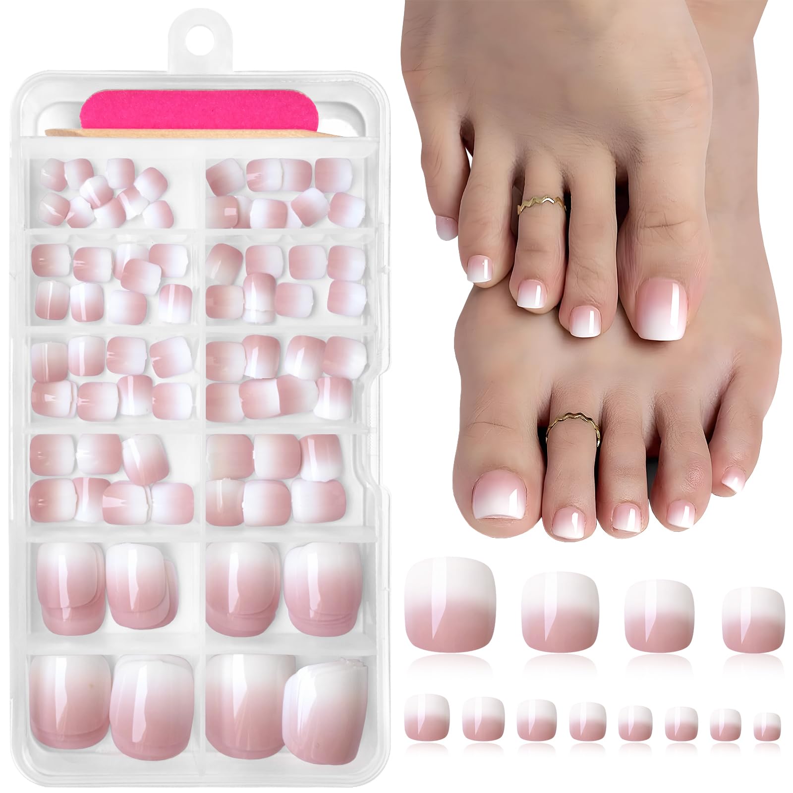 AddFavor 120pcs Ombre Press on Toenails - Pink White Gradient Fake Toe Nails for Women | Easy to Apply, Reusable Artificial Nails | Perfect for Parties, Weddings, Vacations & Everyday Wear