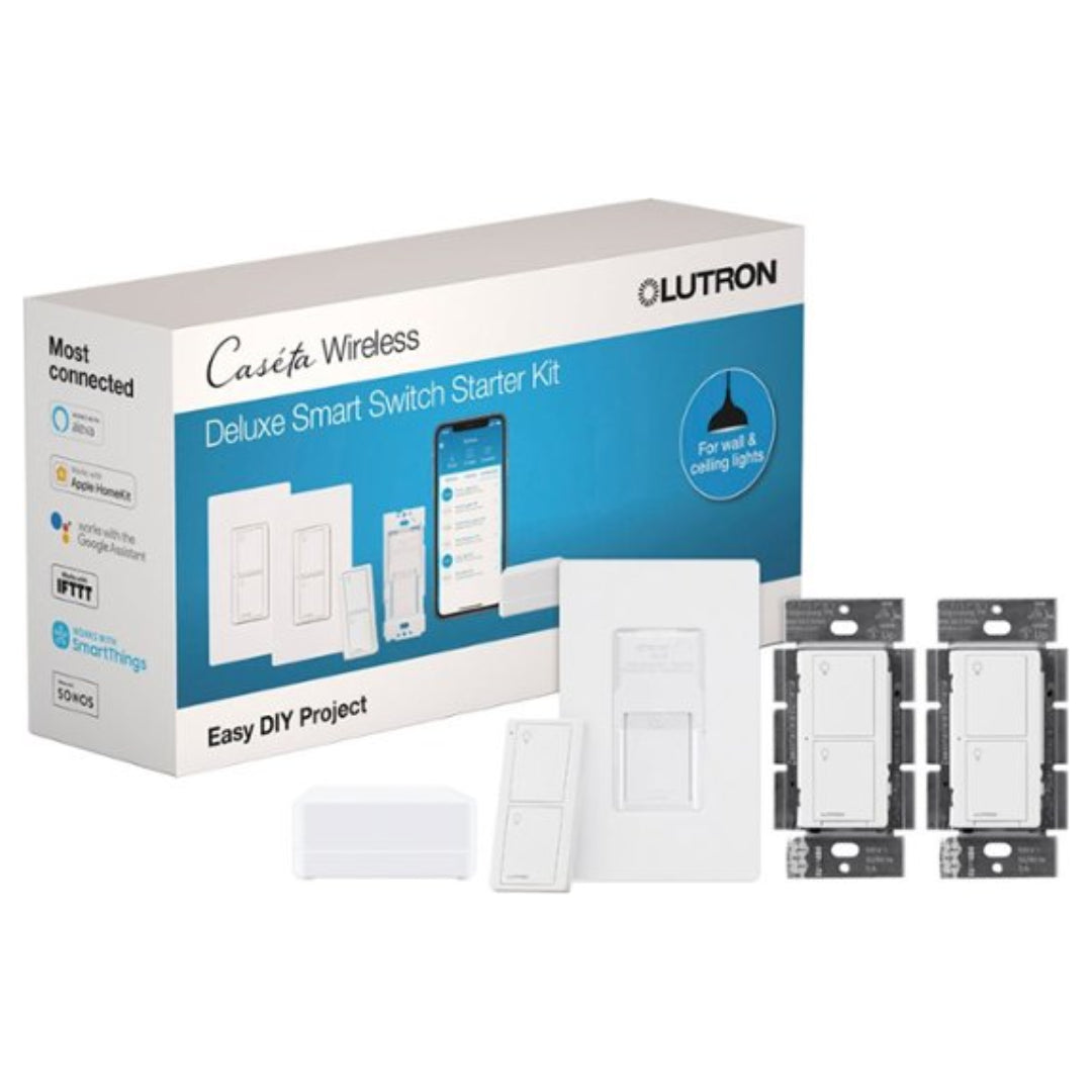 Lutron Caseta Deluxe Smart Switch Kit with Pico Remote | 2-Wire Dimmer Switch | White | Smart Home Lighting Control for Bedroom, Living Room & Office