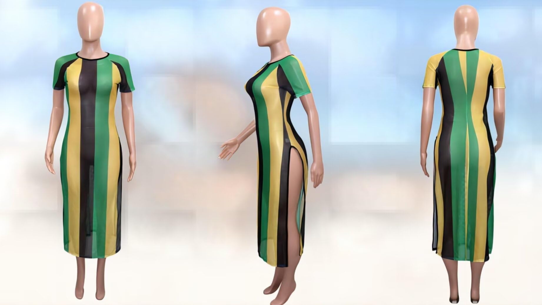 LROSEY Women's Summer Striped Short Sleeve High Slit Midi Dress - Jamaica Beach Cover Up Outfit, Casual T-Shirt Dress for Vacations, Pool Parties & Tropical Getaways