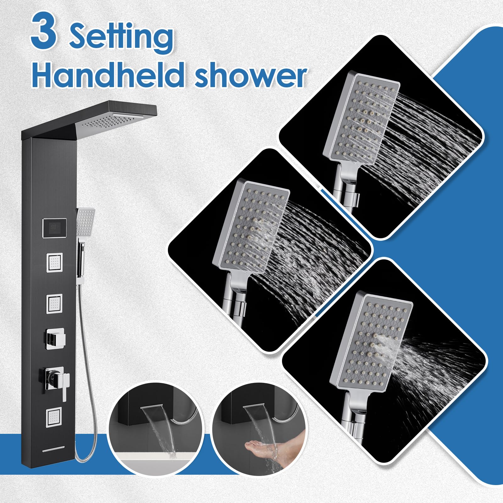 ROVOGO Luxury Shower Panel Tower System with LED Lights - No Battery Needed, Rainfall Waterfall Shower Column with Adjustable Body Jets, Handheld Shower & Tub Spout - Modern Black Bathroom Upgrade for Spa-Like Experience at Home