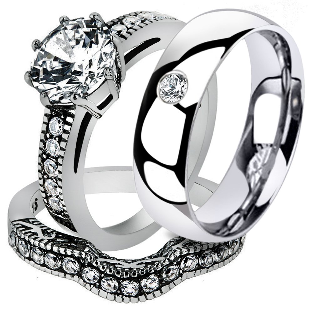 His & Her Wedding Set - 3PC Stainless Steel 2.29Ct CZ Rings for Couples | Bridal & Engagement Jewelry