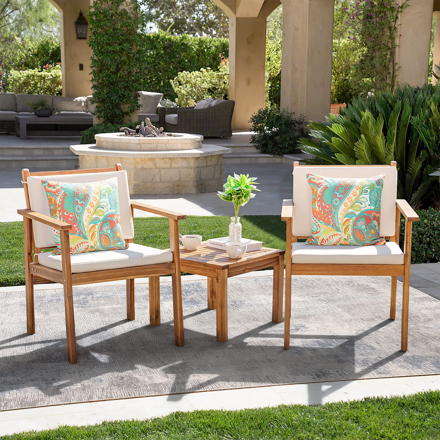Greesum 3-Piece White Bistro Patio Furniture Set - Outdoor Chat Chairs with Waterproof Cushions & Coffee Table - Perfect for Beach, Backyard, Garden, and Poolside Relaxation