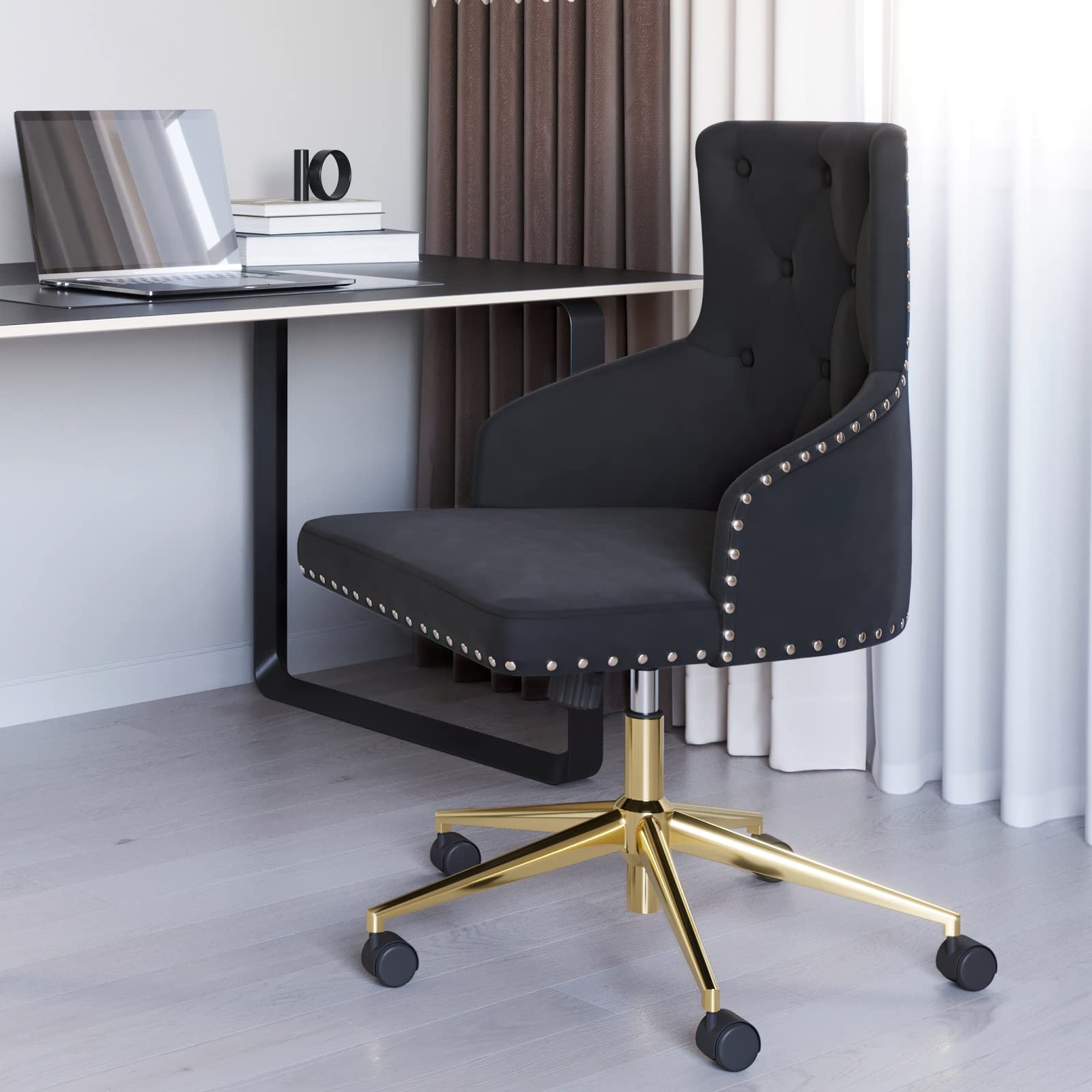 BELLEZE Modern Velvet Desk Chair - Adjustable Height Swivel Office Chair with Tufted Upholstered Seat & Slim Arms - Rolling Wheels for Home Office, Bedroom Vanity or Study Room - Belden (Black) - Perfect for Remote Work, Gaming & Makeup Station