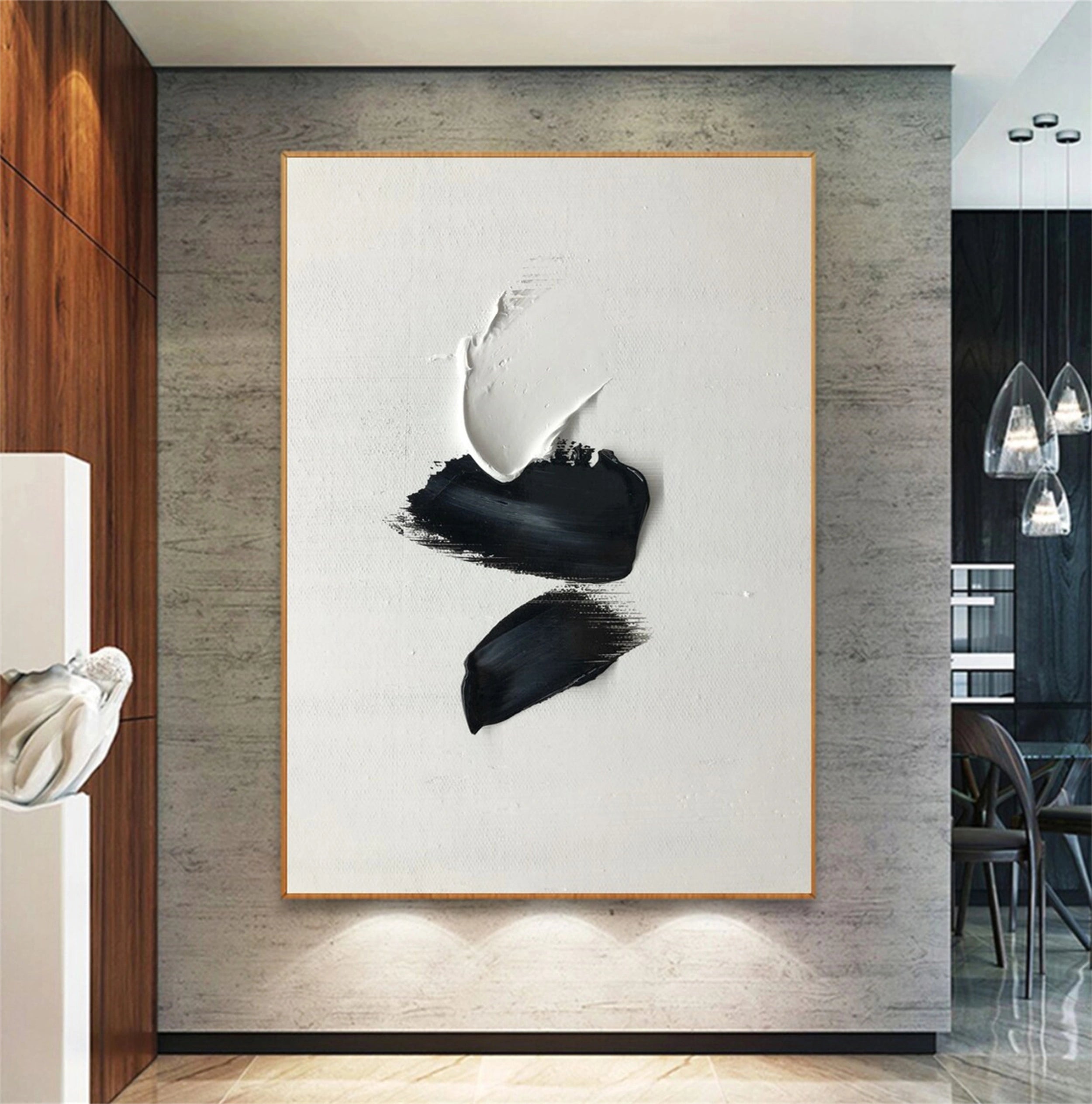Custom Size White & Black Minimalist Textured Painting Canvas - Abstract Wall Art for Living Room, Bedroom & Office Decor #MM136
