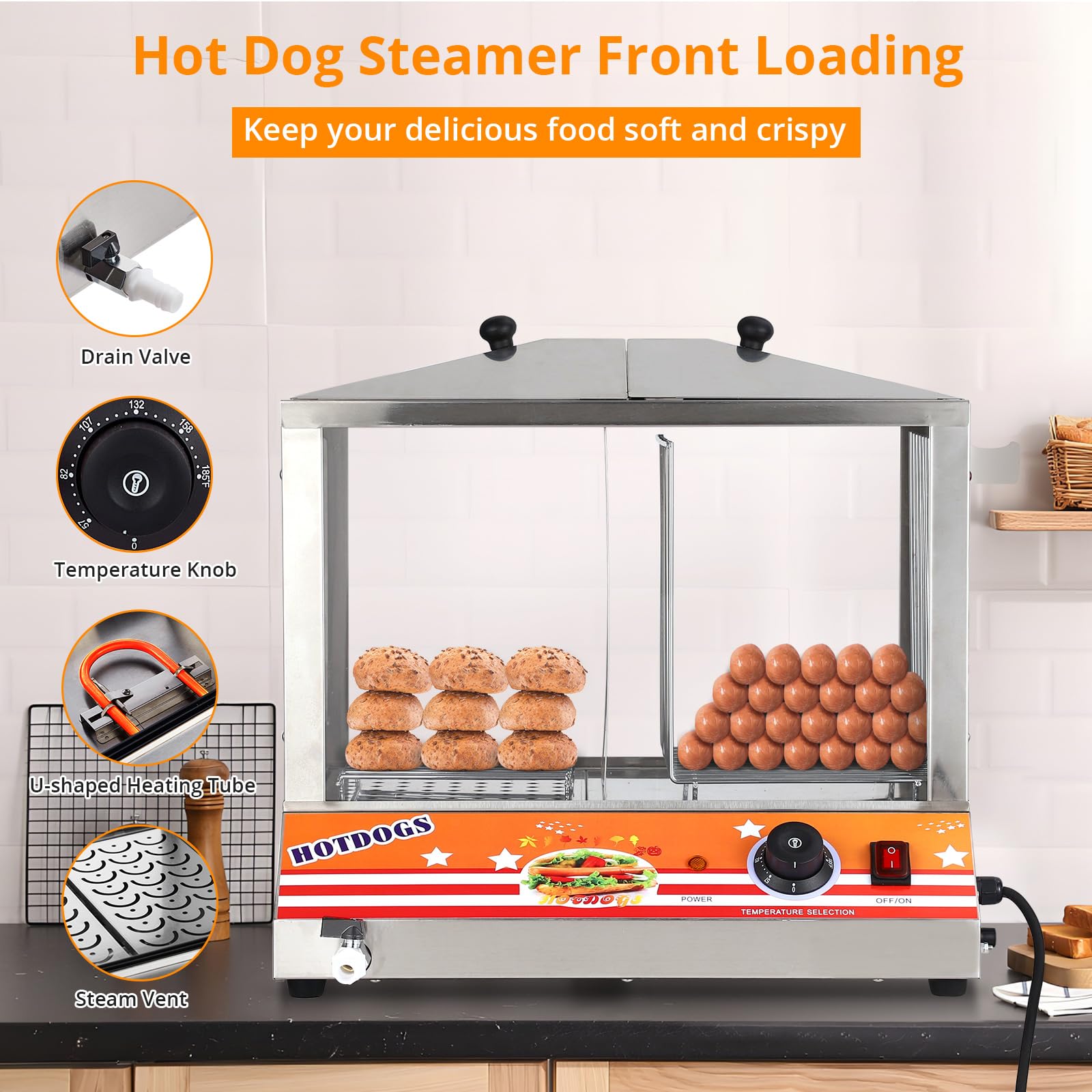 GARVEE 36L Commercial Hot Dog & Bun Steamer - Adjustable Temperature Stainless Steel Food Warmer for Restaurants, Food Trucks & Catering Events