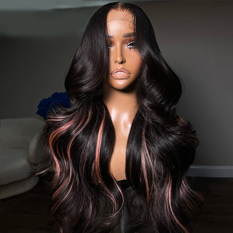 Eullair Body Wave Human Hair Wig with Pink Highlights - Glueless Lace Frontal Wig for Women - Perfect for Daily Wear, Parties & Cosplay