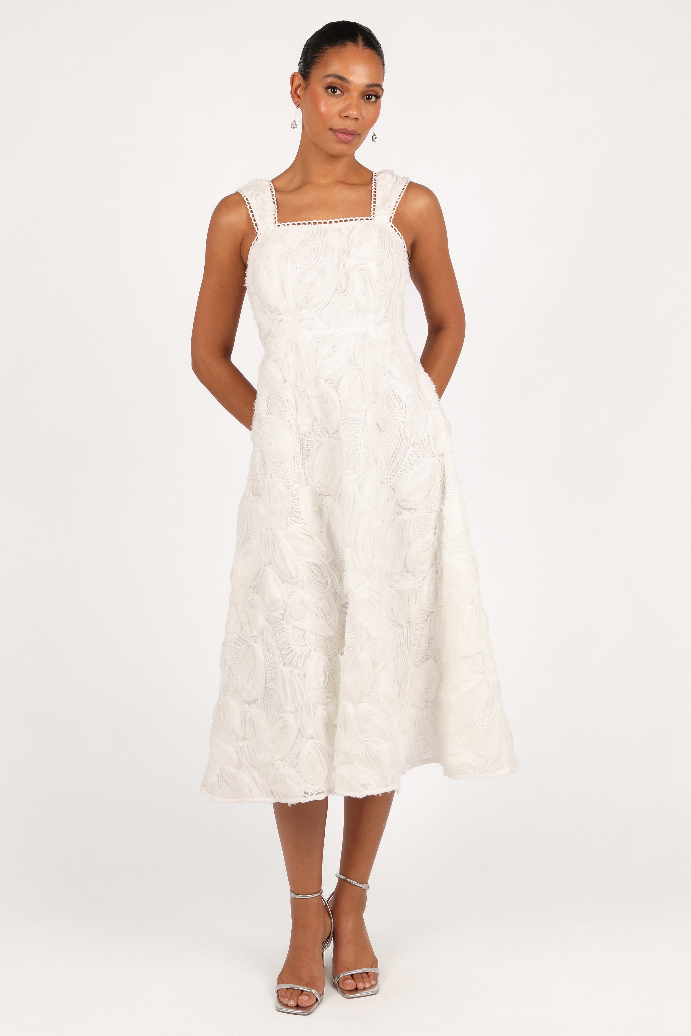 Gabbie Midi Dress for Women - Elegant White Summer Dress for Casual Wear, Office & Special Occasions