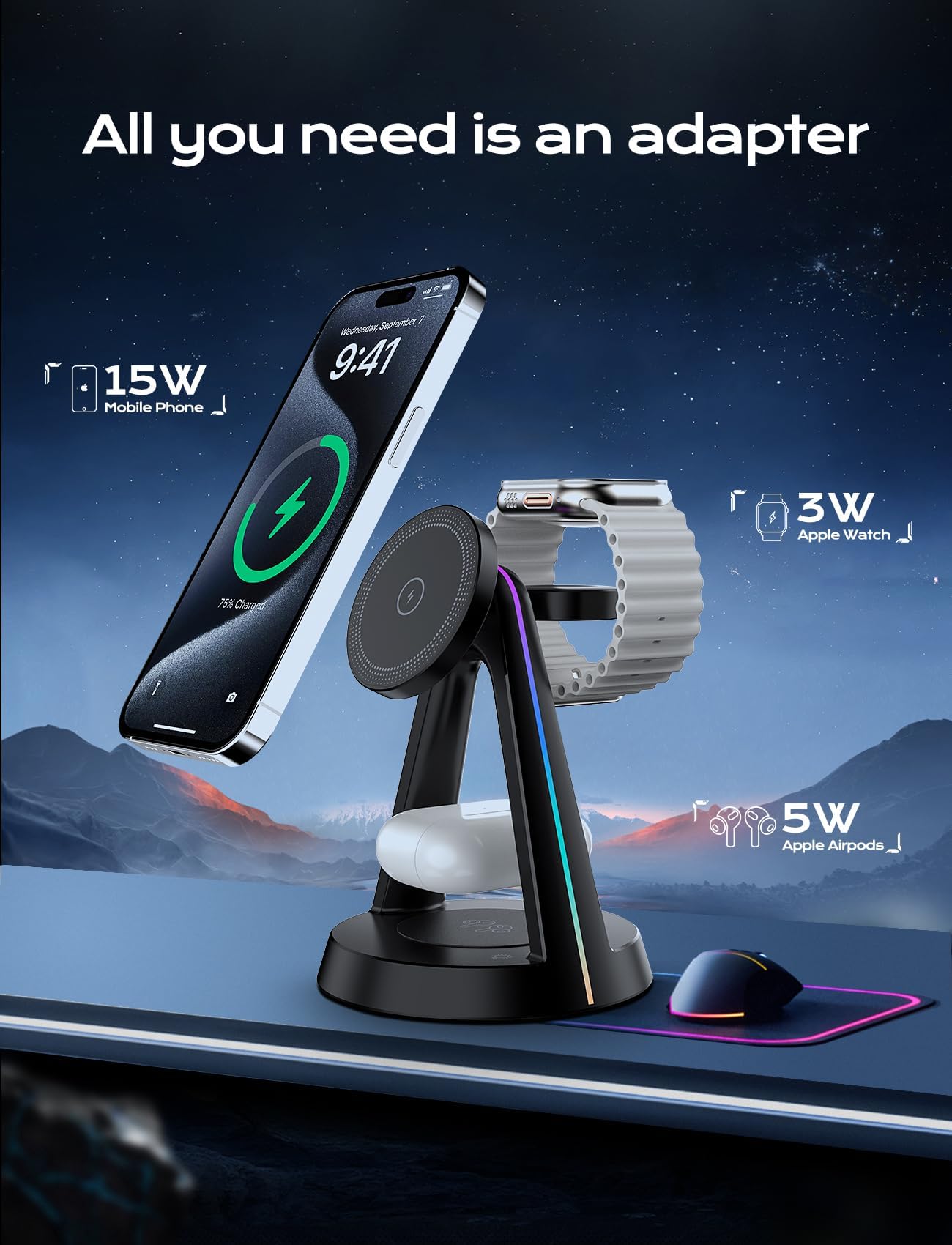 DGPLUS Magnetic 3-in-1 Wireless Charging Station with RGB Lights - Fast Charger for iPhone 16/15/14/13/12 Series, Apple Watch 9/8/7/SE, AirPods Pro - Multi-Device Charging Stand with MagSafe for Bedroom, Office & Travel