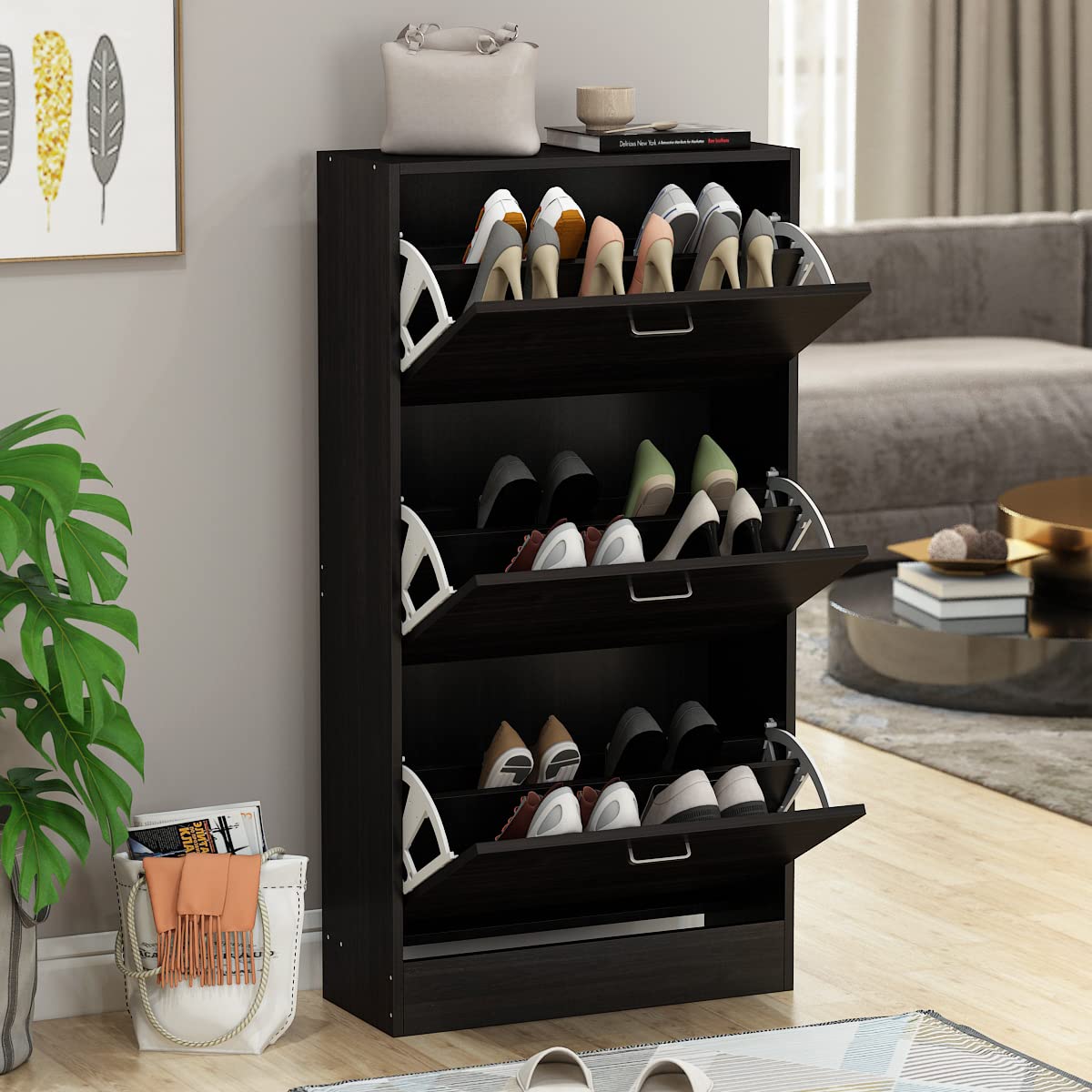 Hitow 3-Tier Flip Drawer Shoe Storage Cabinet - Freestanding Narrow Shoe Rack with Adjustable Shelf for Small Spaces - Entryway Shoe Organizer in Black Brown (23.6