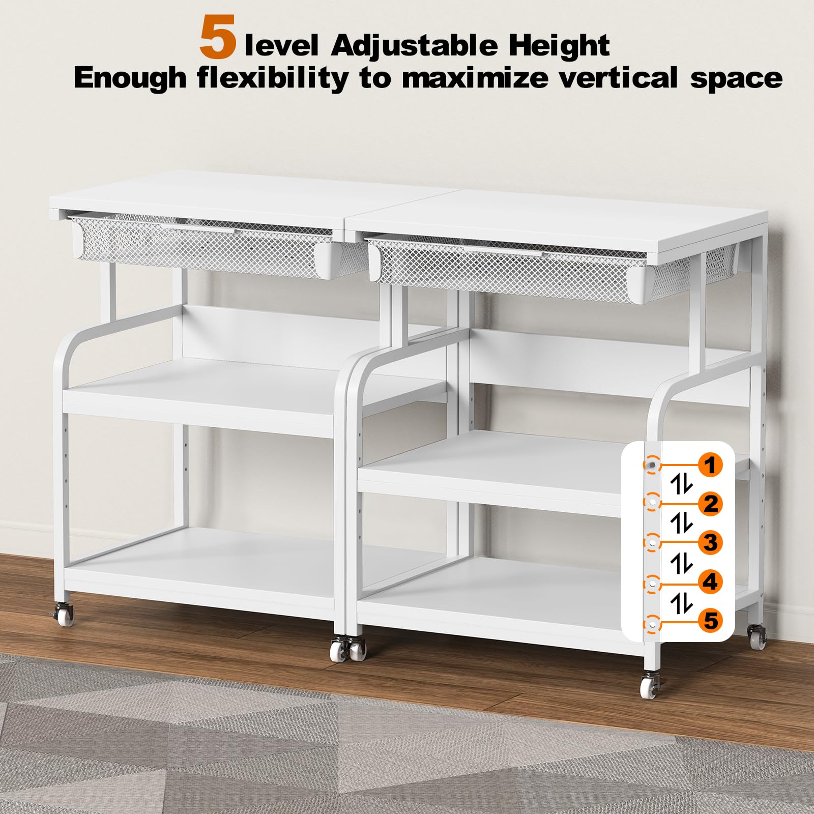 EasyCom 23.6''x18.9'' Extra Large Adjustable Printer Stand with 3 Drawers & Wheels - 5 Height Settings, 3-Tier Rolling Printer Cart for Printer, Scanner, Fax - Perfect for Home Office, Small Business & Workspace Organization