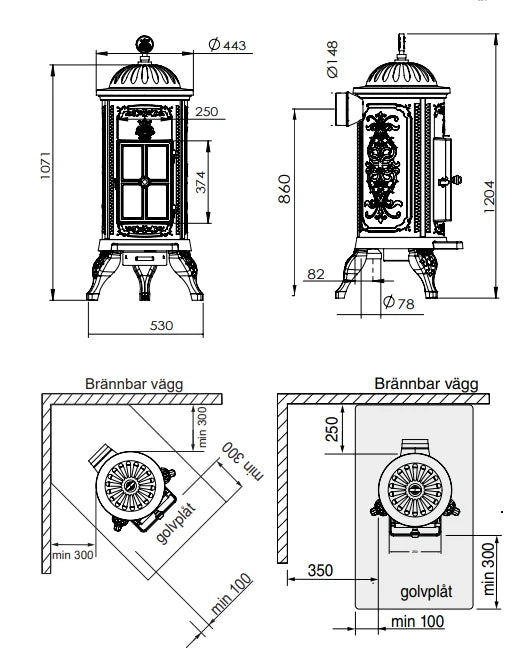 Westbo Carl 120 Cast Iron Stove - Efficient Wood Burning Fireplace for Cozy Home Heating & Cabin Decor