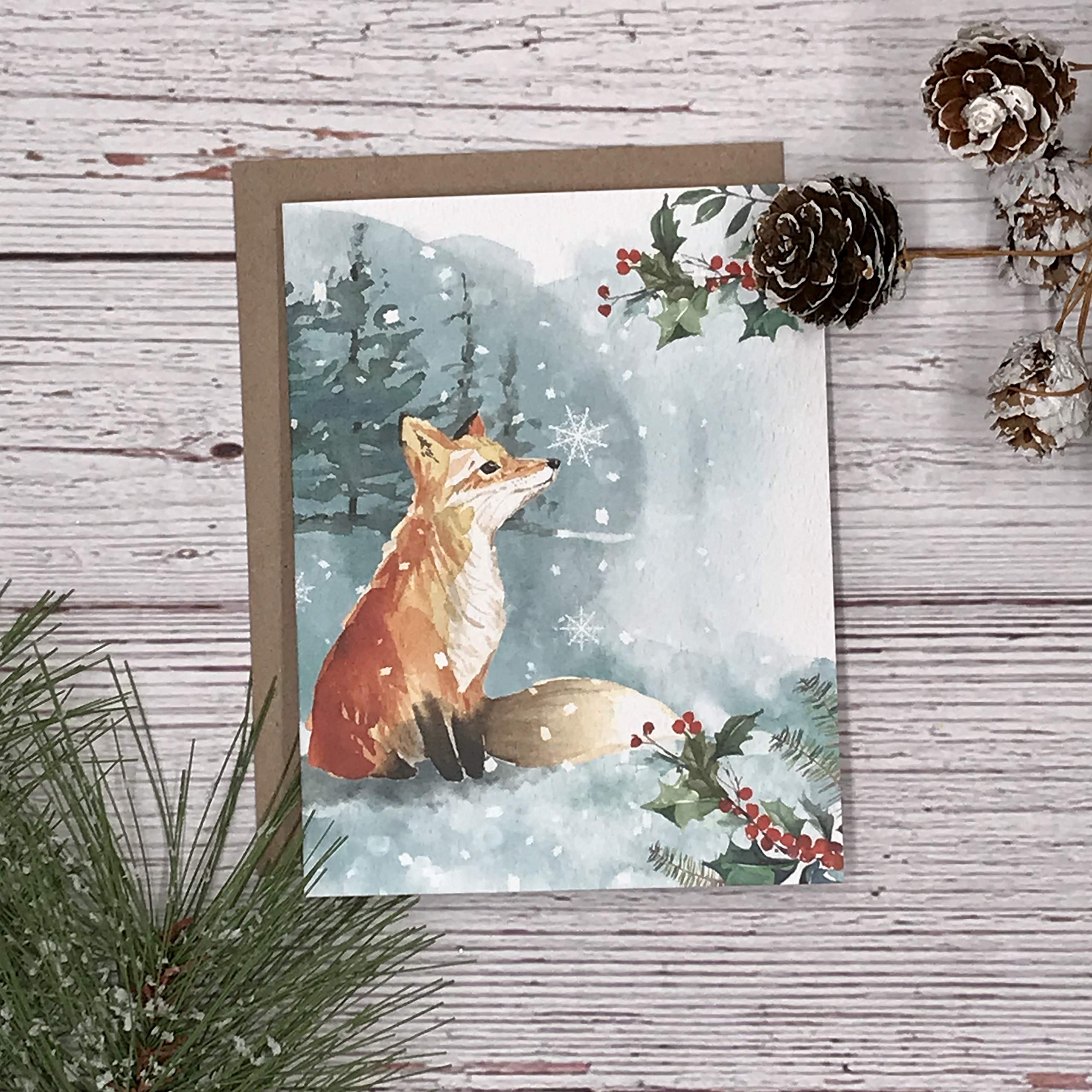 Premium Watercolor Winter Woodland Animal Note Card Set - Fox & Hare Holiday Christmas Cards - Luxury Gift for Friends, Family & Coworkers - Perfect for Holiday Greetings, Thank You Notes & Seasonal Wishes