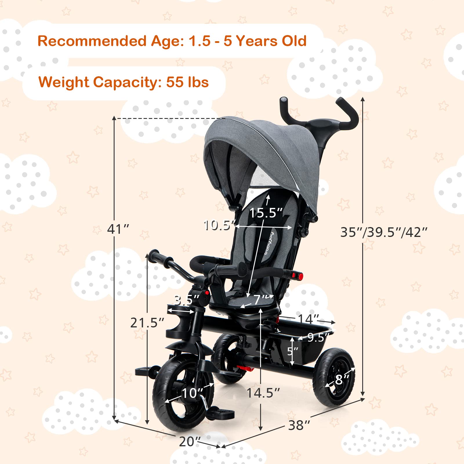 HONEY JOY 5-in-1 Adjustable Baby Tricycle Stroller with Canopy & Push Handle - Reversible Seat, EVA Wheels, Cup Holder & Storage Basket - Toddler Trike for Kids Ages 1.5-5 Years (Gray) - Perfect for Outdoor Walks, Park Visits & Neighborhood Rides