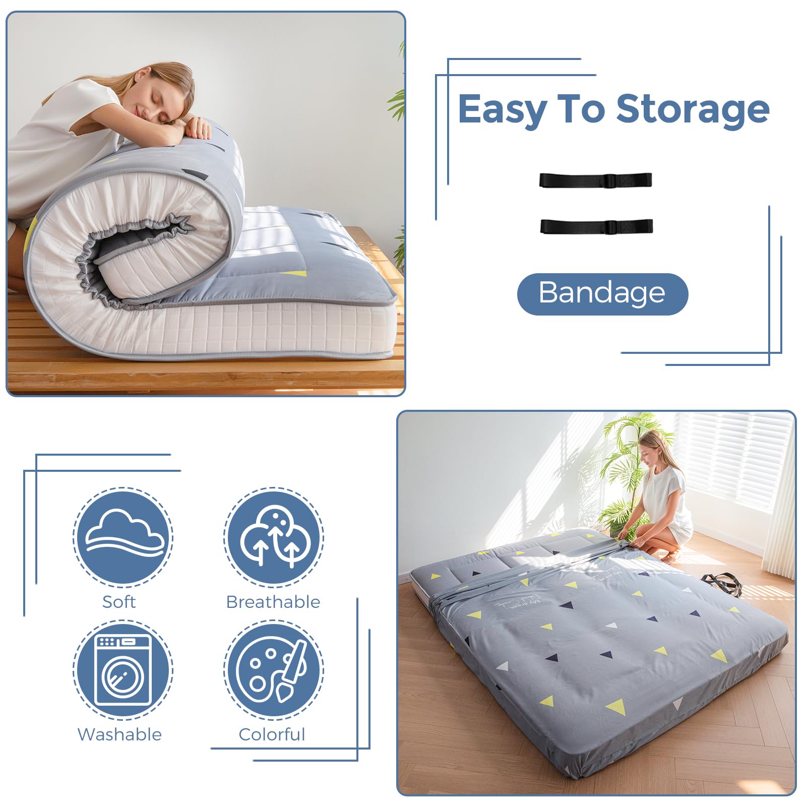 MAXYOYO 6-Inch Extra Thick Futon Mattress - Grey Triangle Pattern Floor Mattress Pad, Japanese Tatami Style Guest Bed | Perfect for Small Spaces, Dorm Rooms & Sleepovers