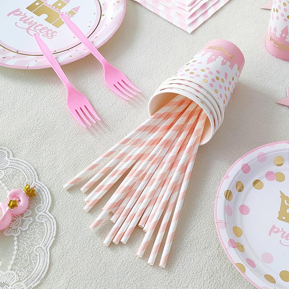 96Pcs Pink Gold Princess Birthday Party Decorations Set - Disposable Plates, Napkins, Cups, Forks & Straws - Castle Crown Theme Tableware for Girls, Baby Shower & Birthday Favors (Serves 16) - Perfect for Princess-Themed Parties, Tea Time & Special Celebrations