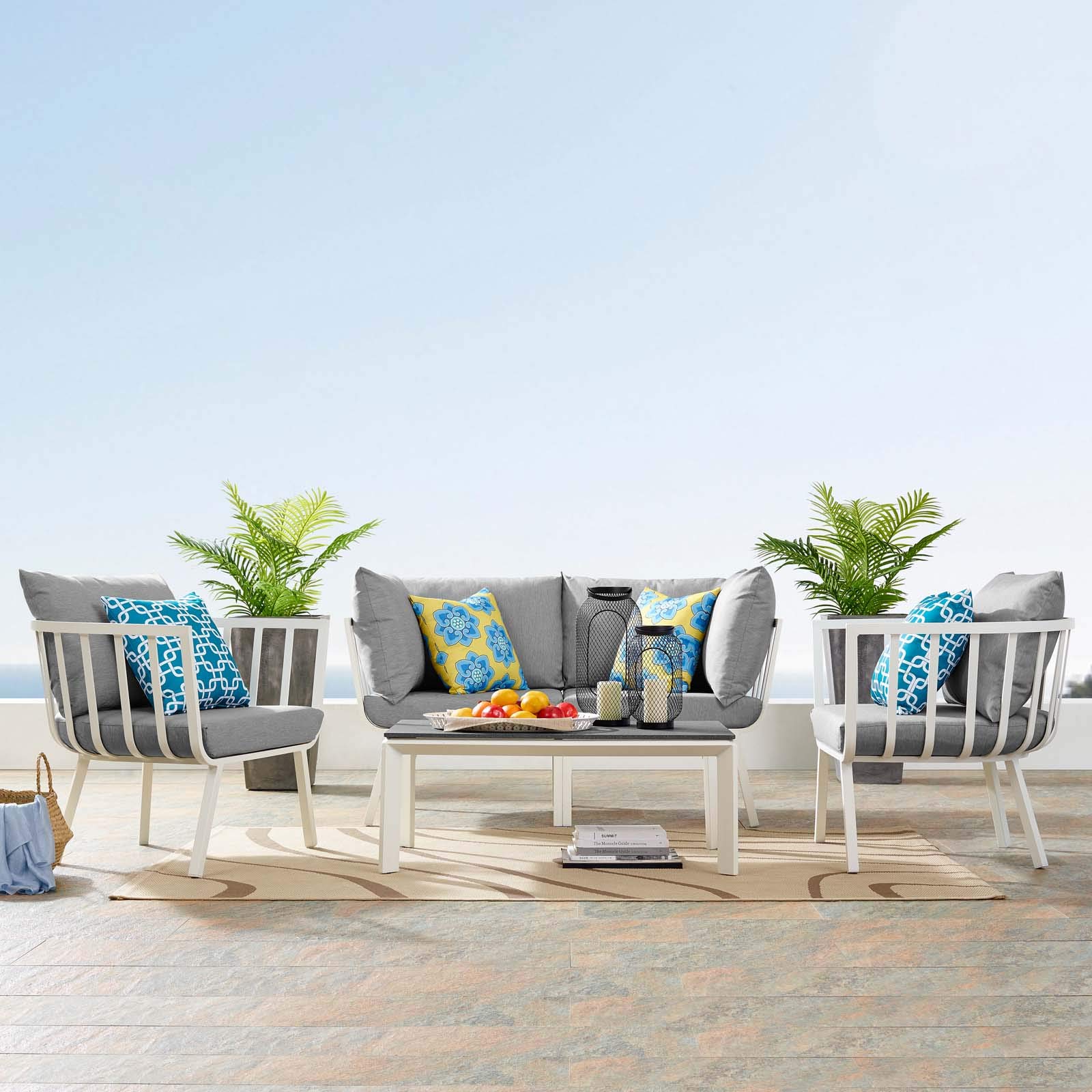 Modway Riverside 5-Piece Outdoor Patio Dining Set - White & Gray Aluminum Furniture with Table & Chairs (61.5