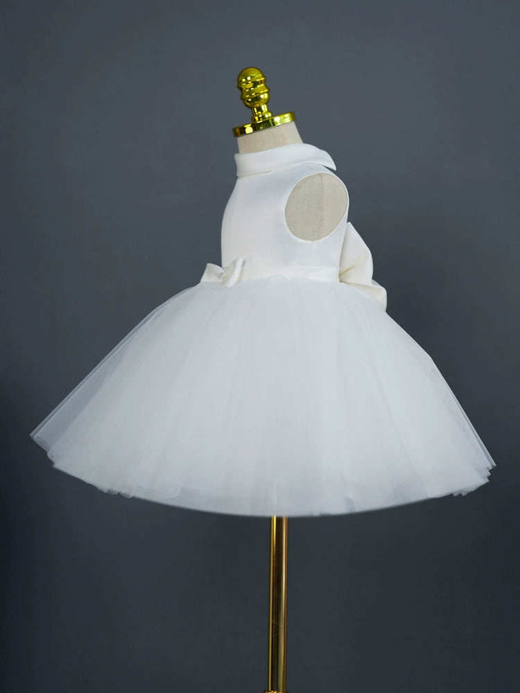 Princess Mock Neck Tea Length Satin Flower Girl Dress in White - Perfect for Weddings, Pageants & Special Occasions