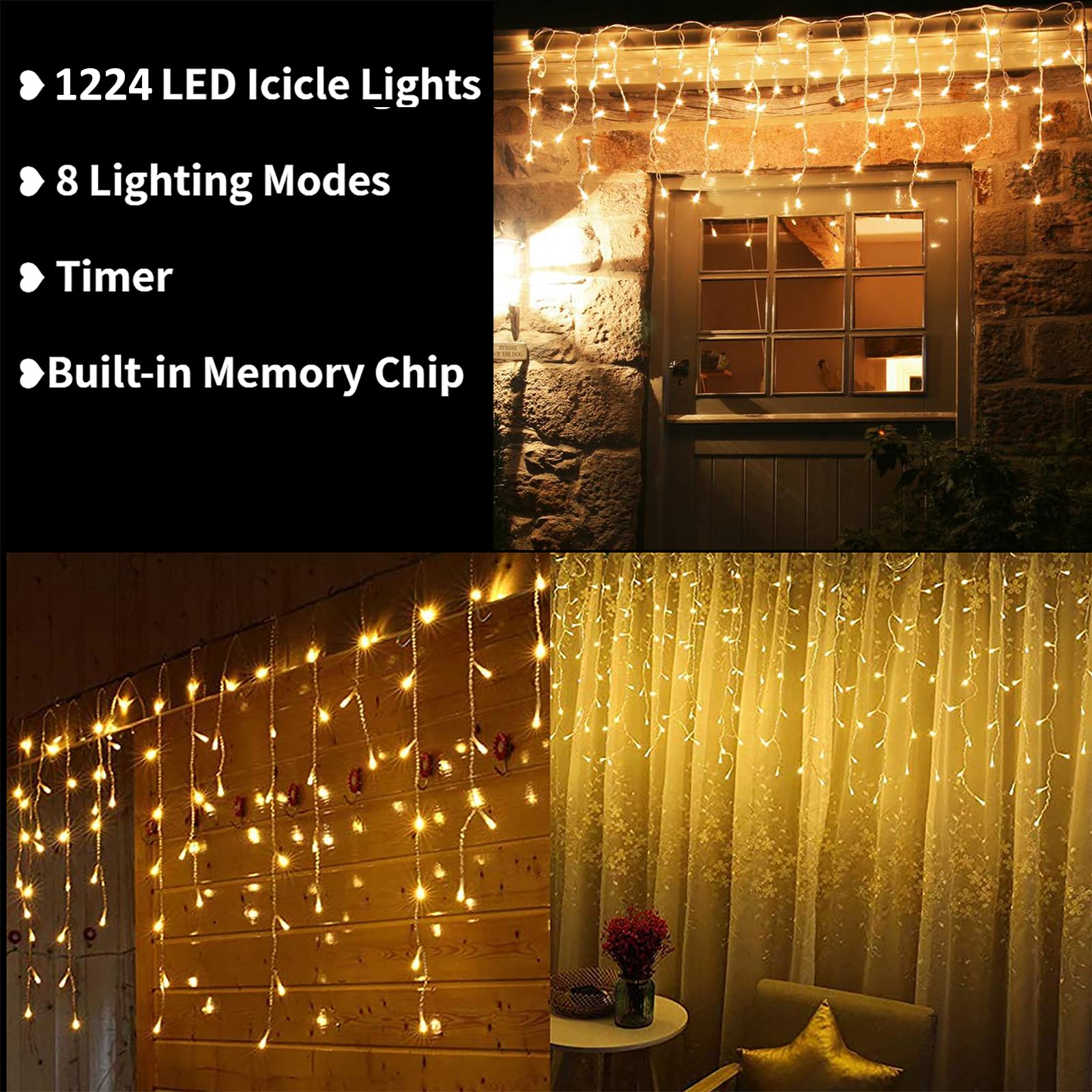 Toodour 100ft 1224 LED Icicle Christmas Lights - 8 Lighting Modes with 204 Drops, Warm White Window Curtain Fairy Lights for Indoor/Outdoor Holiday Decor | Perfect for Christmas Tree, Party, Wedding & Home Decoration