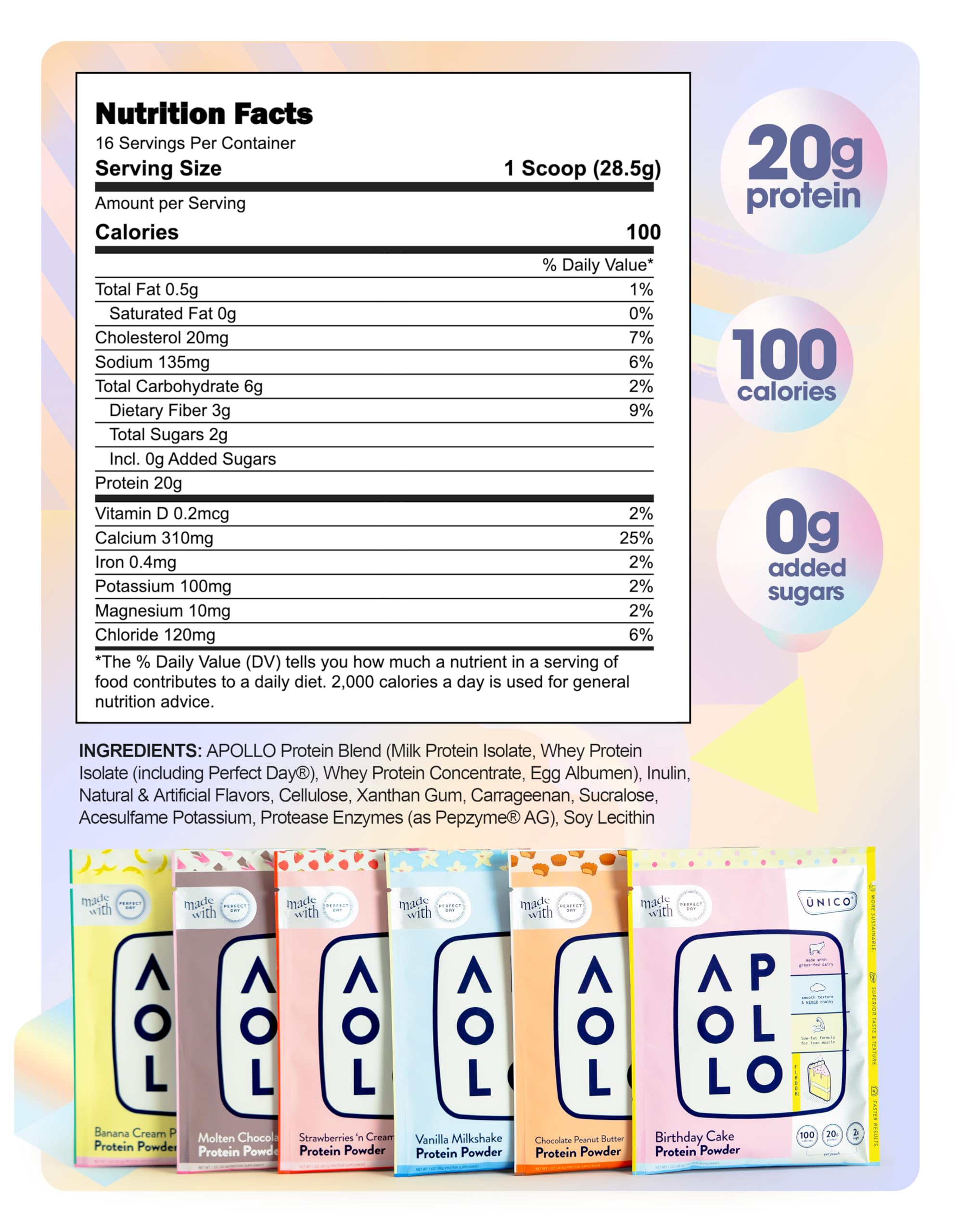 Unico Apollo Protein Powder Sample Pack - 6 Delicious Flavors in Single-Serve Pouches | Grass-Fed Whey, Casein & Egg White Protein Blend | Smooth Non-Chalky Texture | Perfect for Gym, Workout Recovery & Healthy Snacking