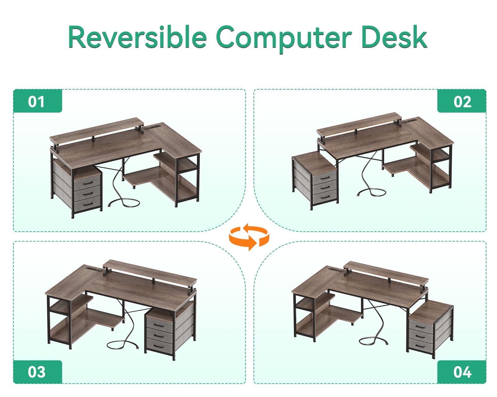 AODK L-Shaped Office Desk with Fabric Drawers - 66