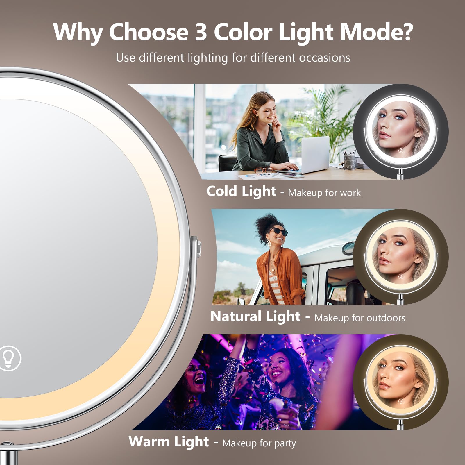 Rechargeable Lighted Makeup Mirror with 1x/10x Magnification - Adjustable Height & 360° Rotation, 3 Color Modes & Brightness Control - Perfect Vanity Mirror for Women's Makeup, Skincare & Grooming Routine