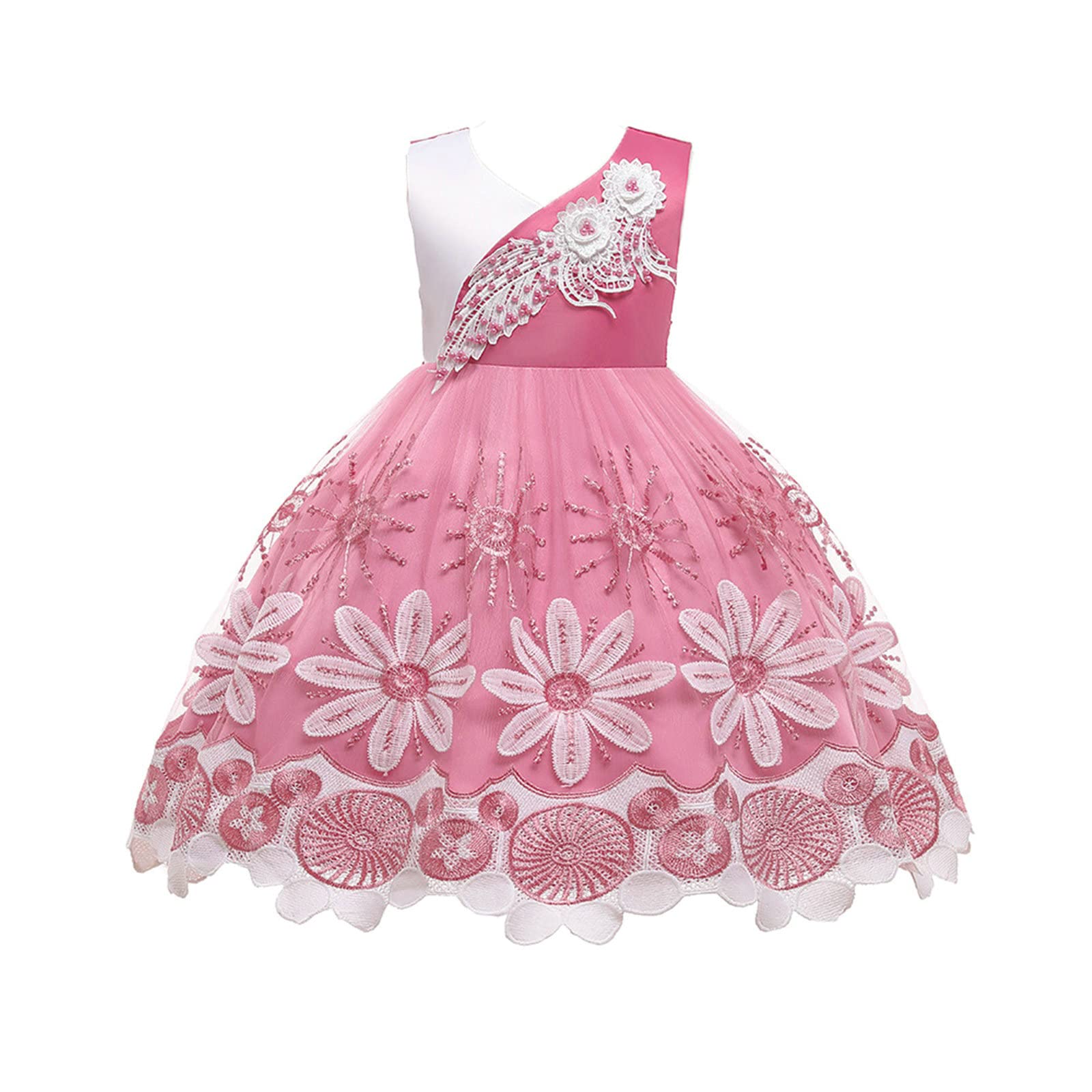 Gualiy Girls Ball Gown Flower Girl Dress for 4-10 Years Old | Embroidered Tulle Dress with Beads in Mauve | Perfect for Birthday Parties, Weddings & Special Occasions