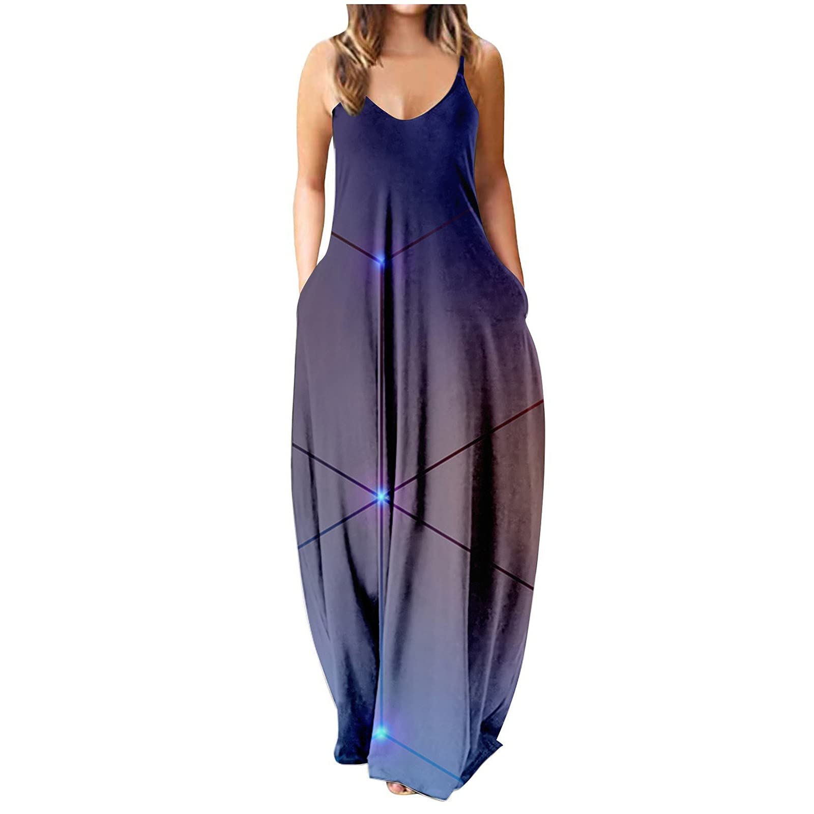 iQKA Women's Maxi Dress - Colorful Long Sleeveless V-Neck Tunic Dress with Pockets | Summer Casual Boho Beach Dress | Perfect for Vacations, Parties & Everyday Wear