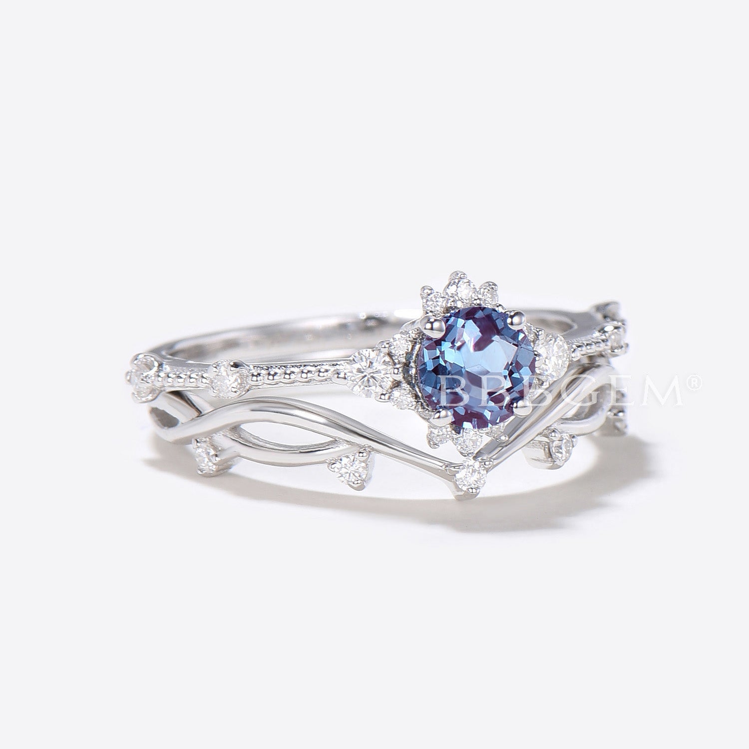 1/2 Carat Round Alexandrite & Moissanite Ring in White & Rose Gold - Minimalist Twig Branch Ivy Design for Women - Perfect for Engagement, Wedding, Anniversary & Everyday Elegance