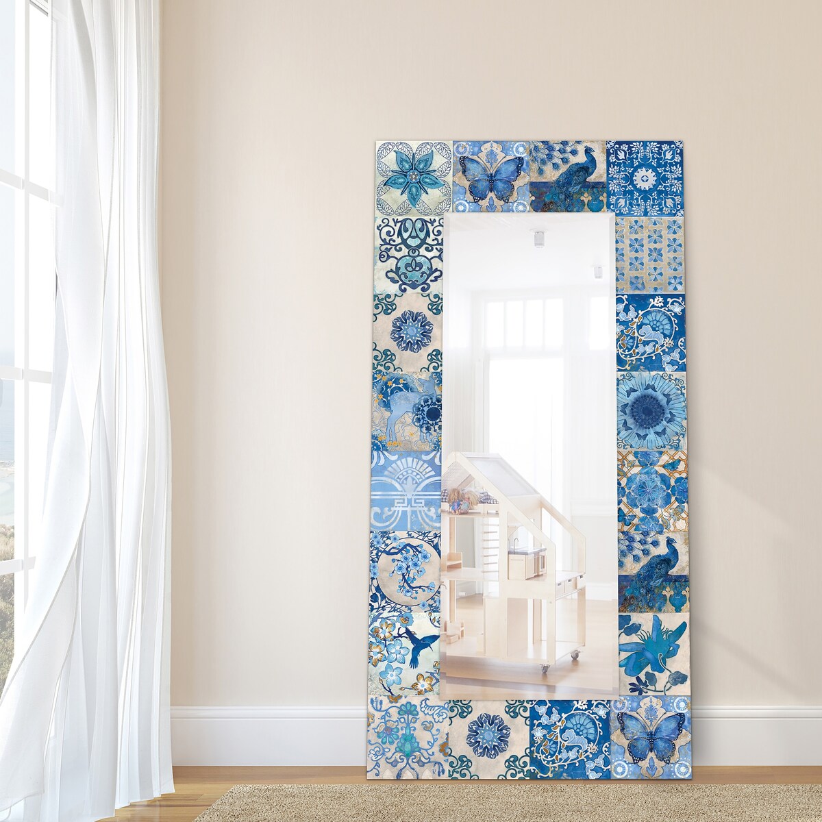 Blue & White Abstract Rectangular Beveled Wall Mirror - 72 x 36 Inches - Tempered Glass Free Floating Design - Perfect for Living Room, Bedroom or Entryway Decor
