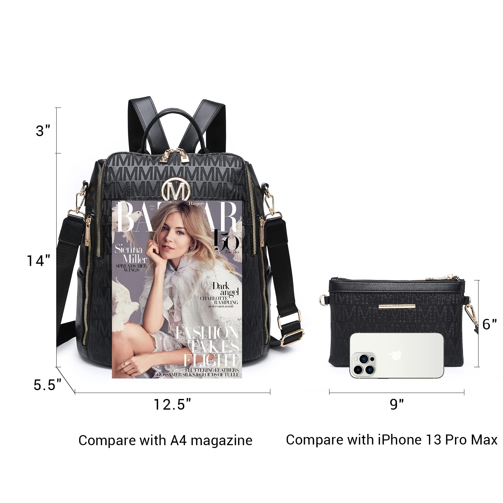 MKP Women's Fashion Backpack Purse - PU Leather Convertible Shoulder Bag & Handbag 2PCS Set for Travel, Work, School & Daily Use