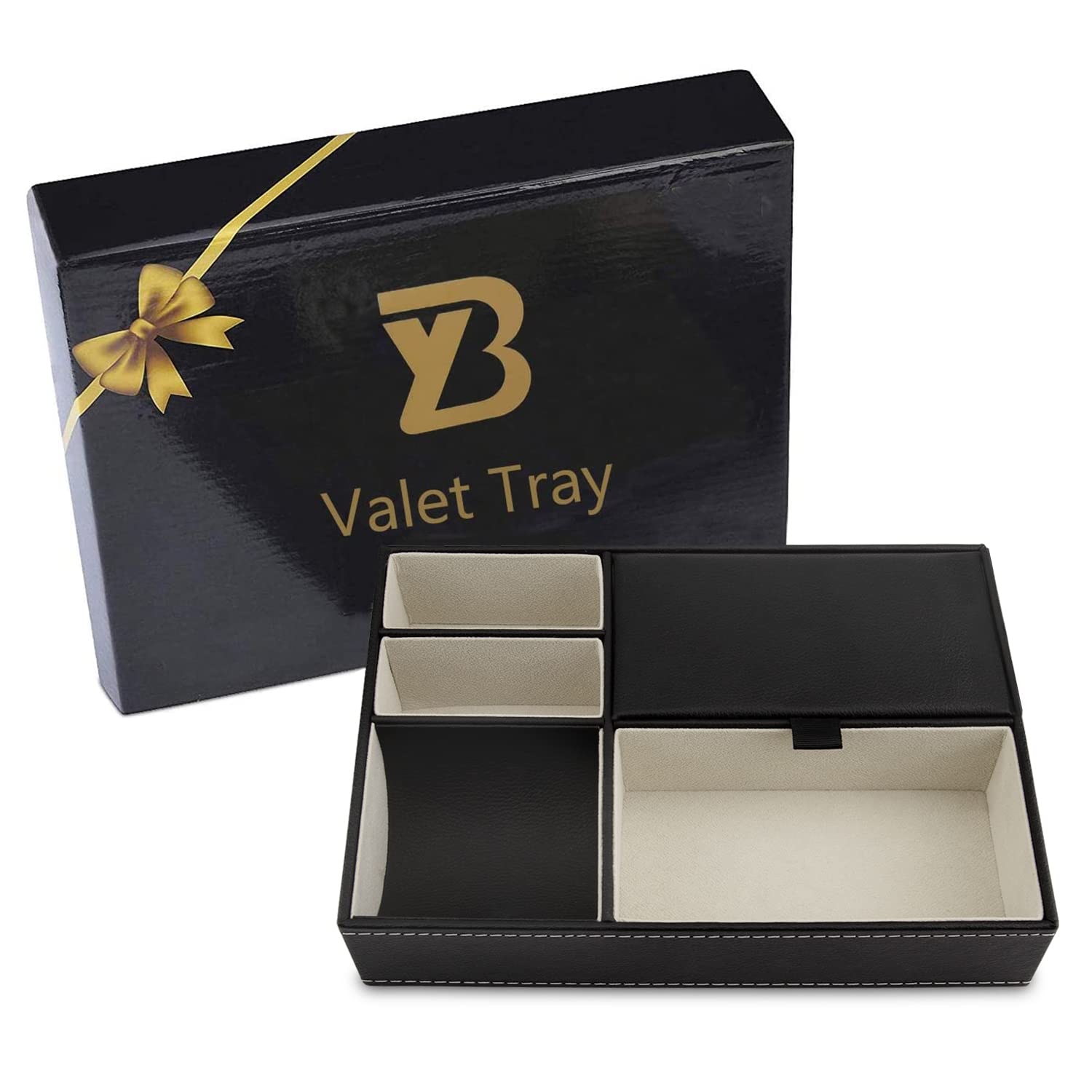 Baoyun Men's Valet Tray Organizer - 5 Compartment Leather Jewelry Box & Nightstand Organizer for Wallet, Phone, Keys - Black - Perfect for Dresser Top, Bedside Table & Home Office Organization